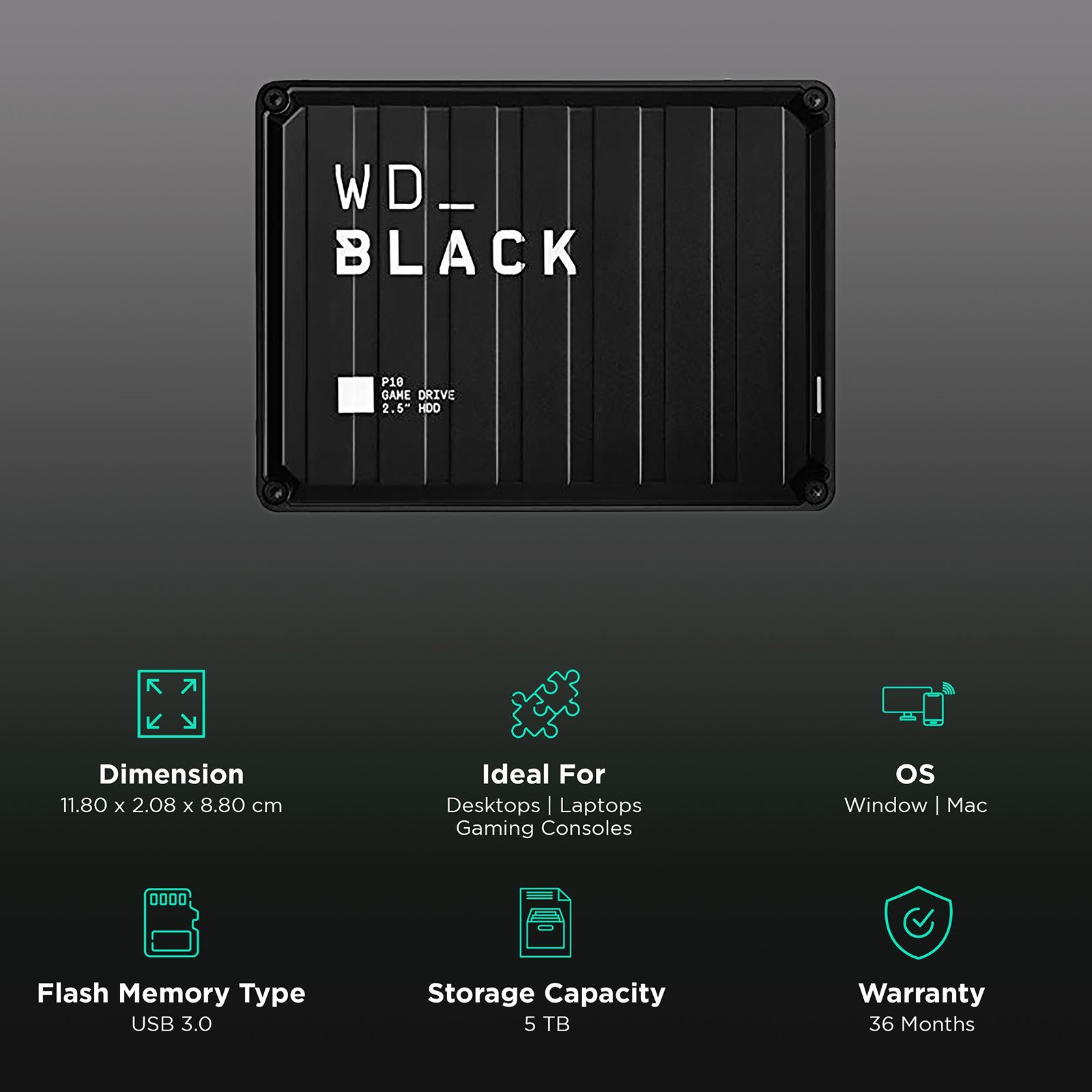 Western Digital WD_BLACK P10 5 TB USB 3.2 Game Drive (Purpose-Built For Gamers, WDBA3A0050BBK-WESN, Black)_3