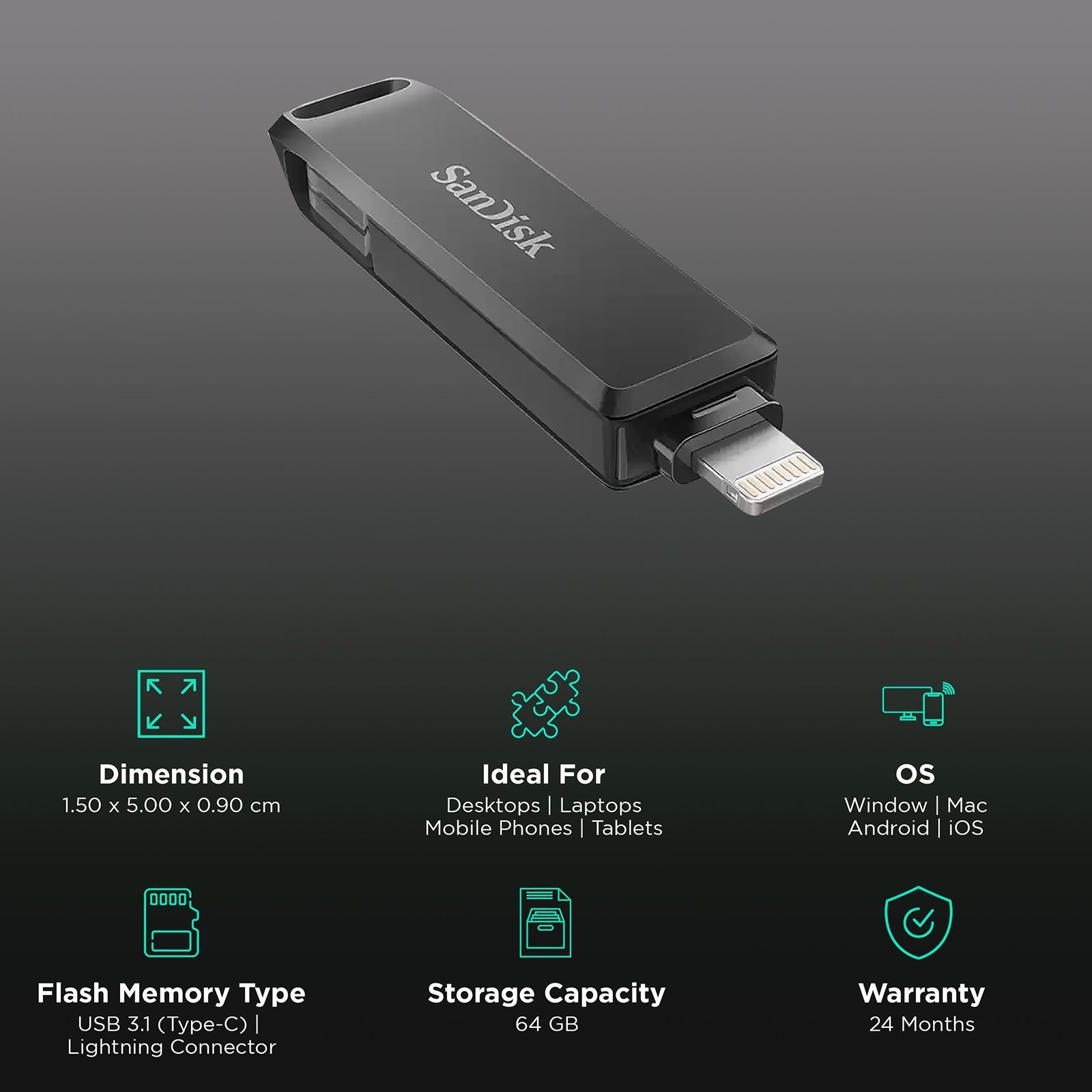 SanDisk iXpand Luxe 64GB USB Type C (3.0) Pen Drive (Dual-Purpose Swivel with Keyring Hole, Black)_3