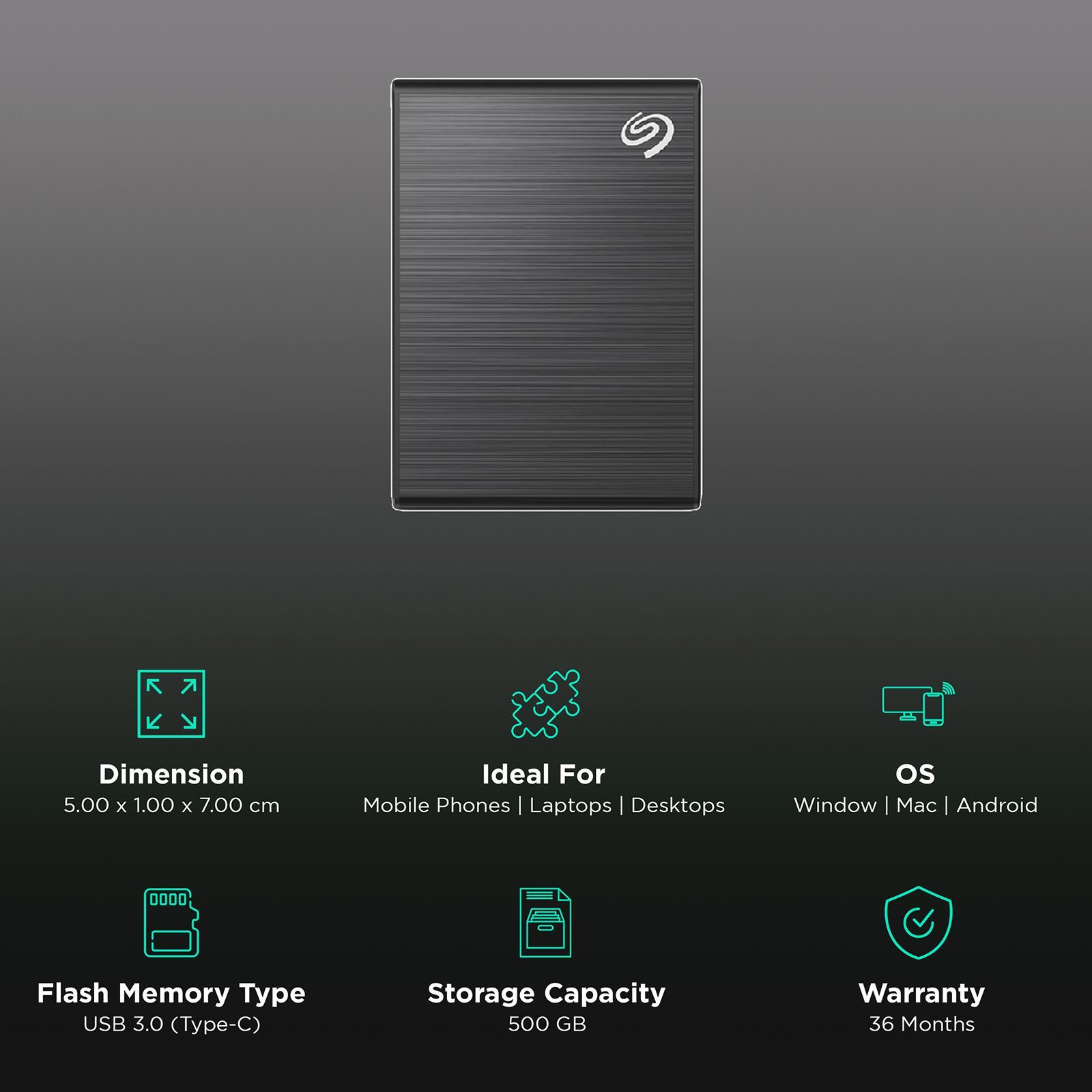 SEAGATE One Touch 500GB USB Type-C 3.0 Solid State Drive (Multi-Device Compatibility, STKG500400, Black)_3