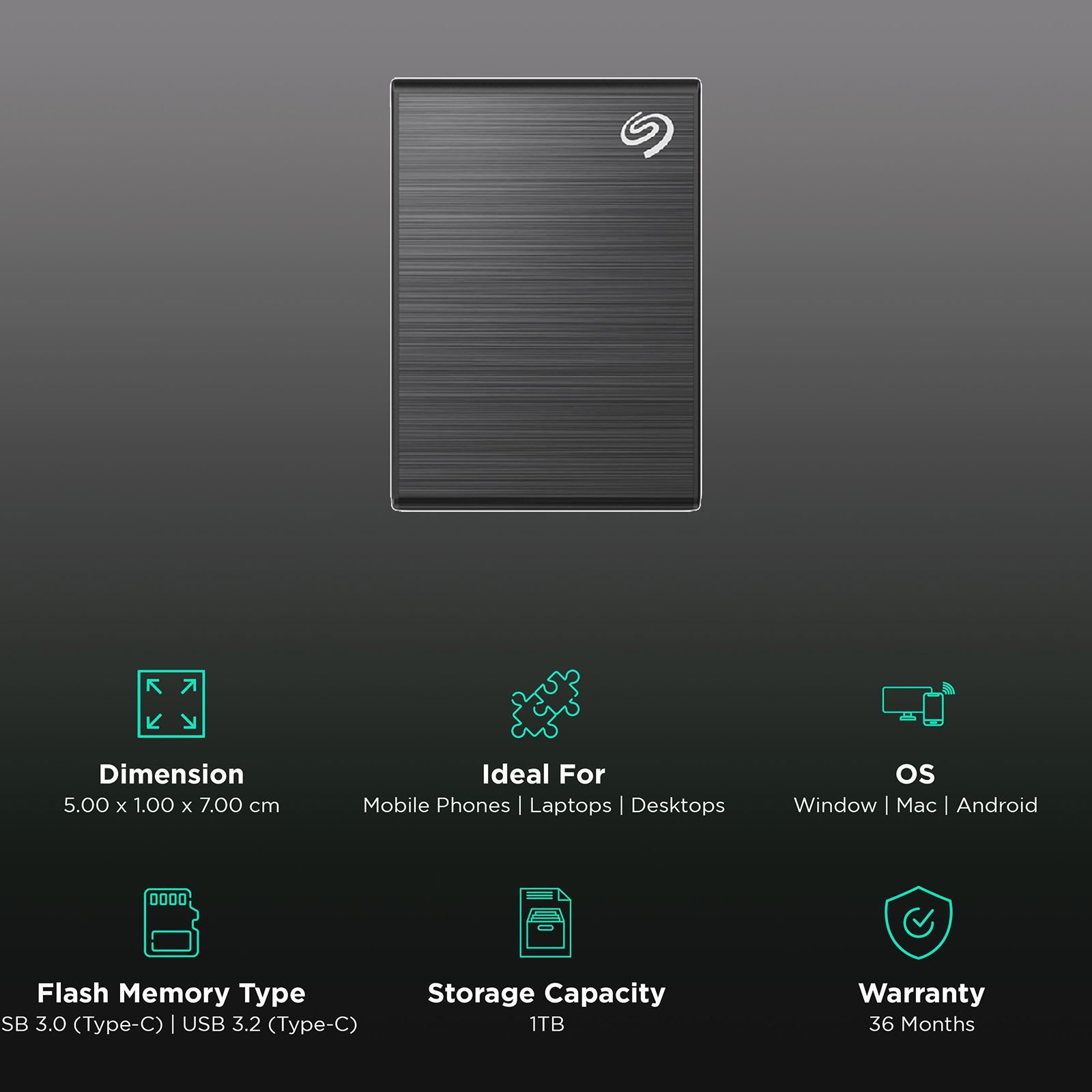 SEAGATE One Touch 1TB USB Type-C (3.0) Portable Solid State Drive (Rescue Data Recovery Services, Black)_3