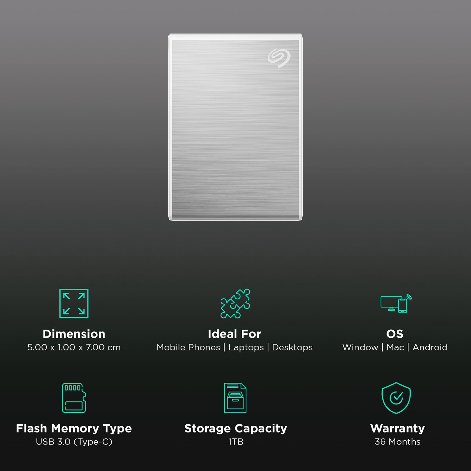 SEAGATE One Touch 1TB USB Type-C 3.0 Solid State Drive (Multi-Device Compatibility, STKG1000401, Silver)_3