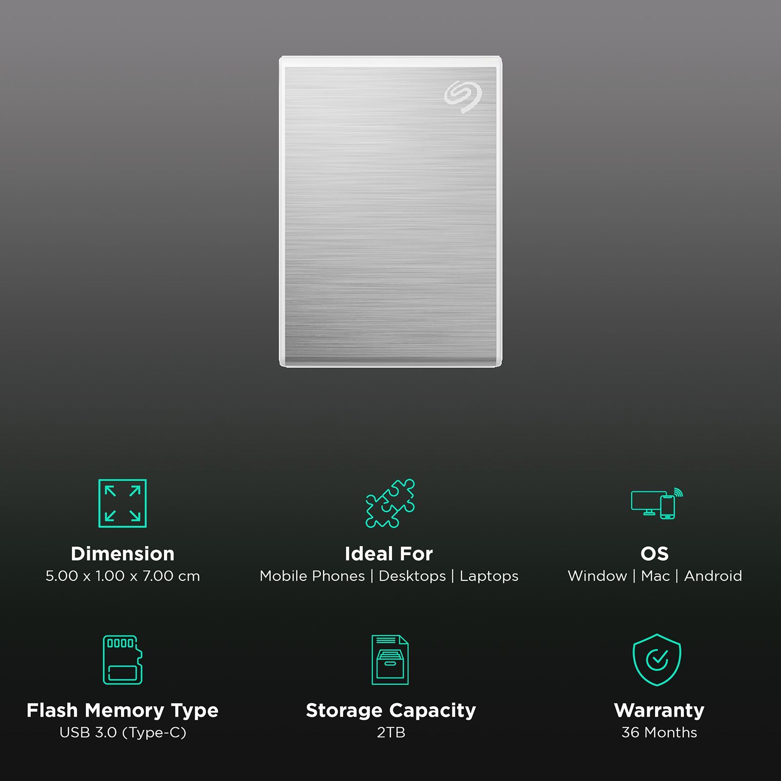 SEAGATE One Touch 1TB USB Type-C (3.0) Portable Solid State Drive (Rescue Data Recovery Services, Silver) SEAGATE One Touch 1TB USB Type-C (3.0) Portable Solid State Drive (Rescue Data Recovery Services, Silver)_3