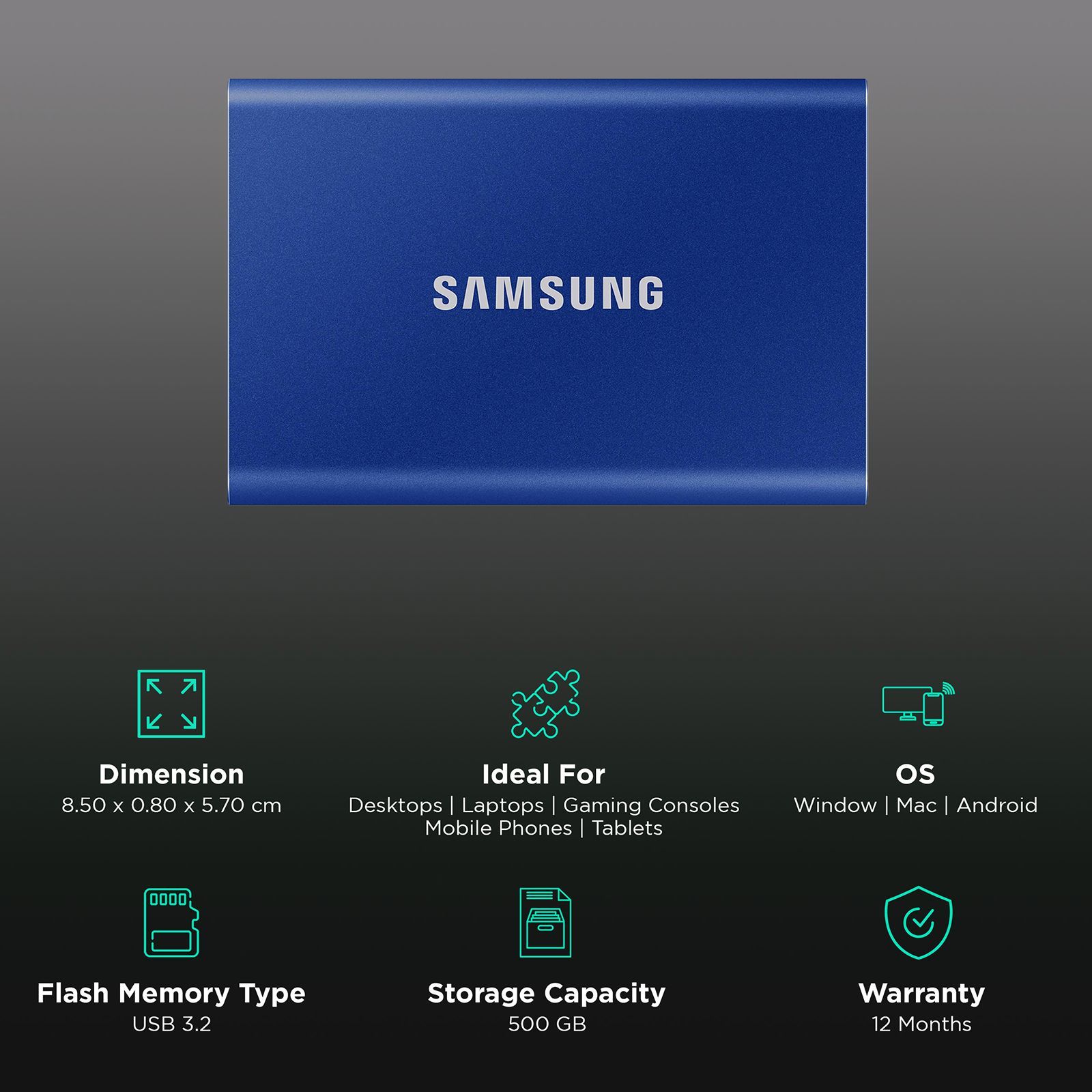SAMSUNG T7 500GB USB Type-C (3.2) Portable Solid State Drive (Shock Resistance and Password Protection, Indigo Blue)_3