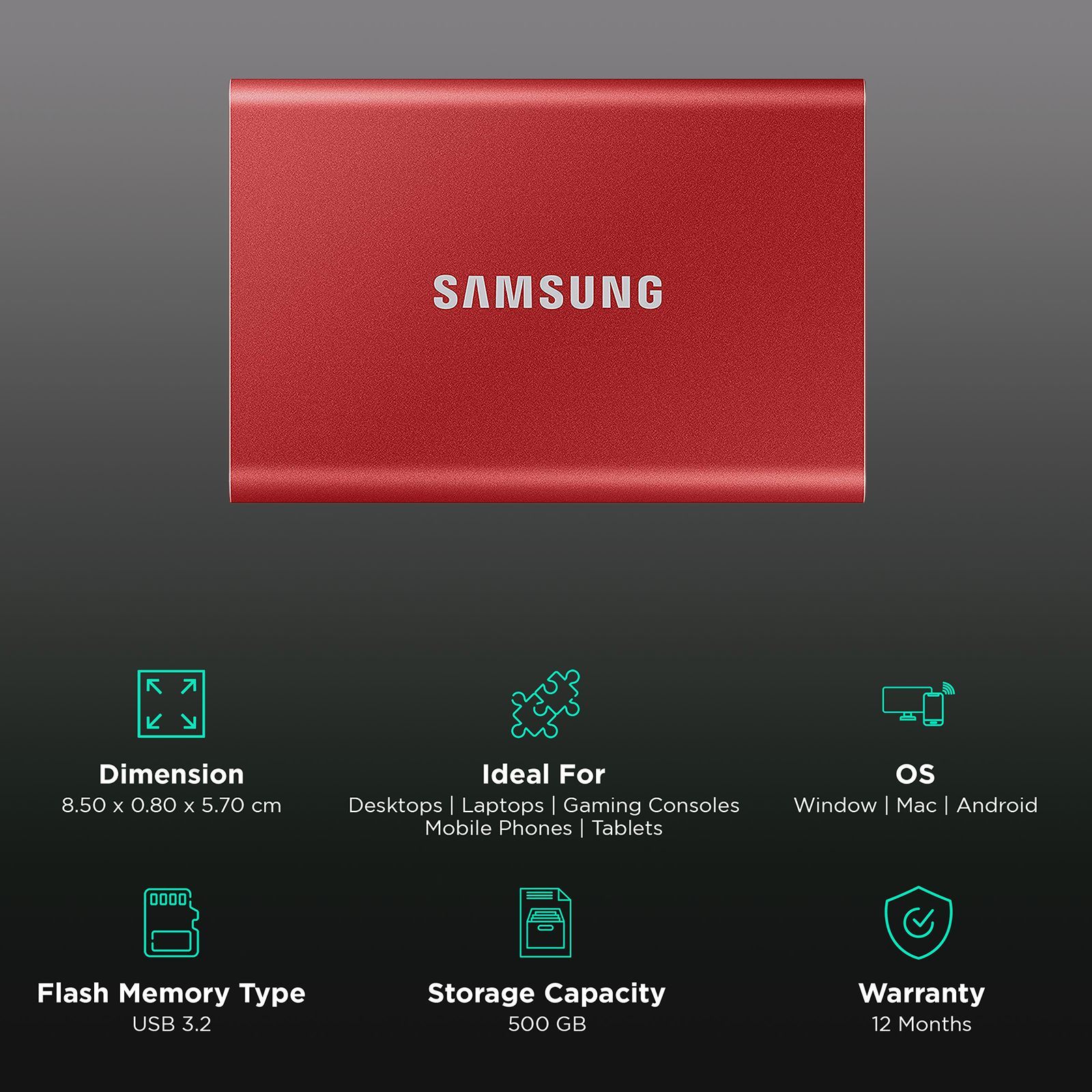 SAMSUNG T7 500GB USB 3.2 SolidÂ StateÂ Drive (UASP Mode, MU-PC500R/WW, Metallic Red)_3