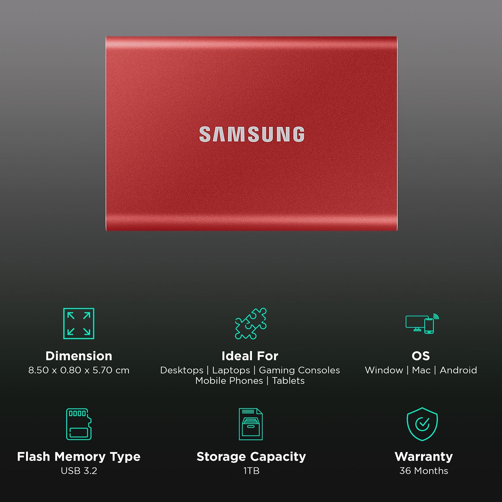 SAMSUNG T7 1 TB USB 3.2 Solid State Drive (UASP Mode, MU-PC1T0R/WW, Metallic Red)_3