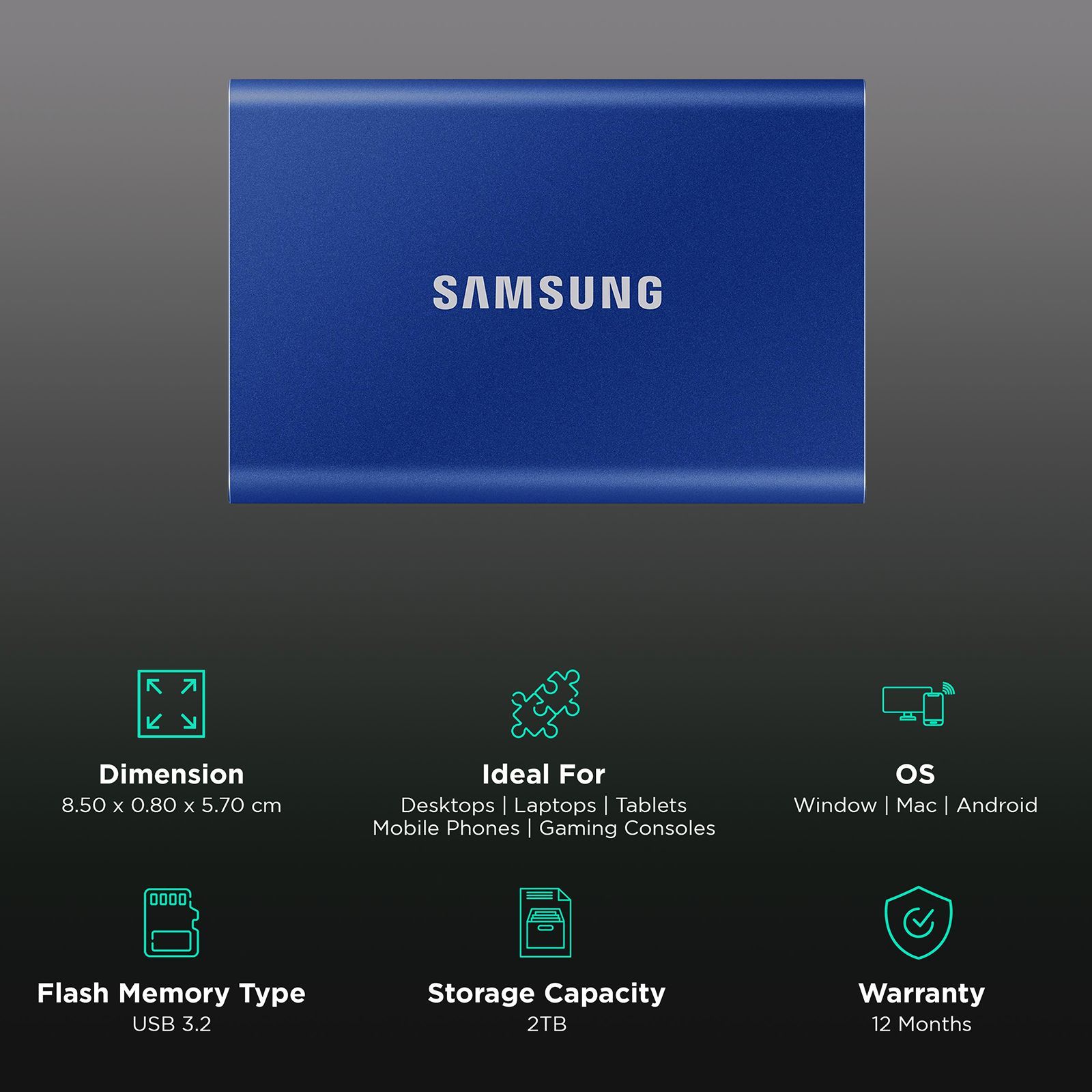 SAMSUNG T7 2TB USB 3.2 SolidÂ StateÂ Drive (UASP Mode, MU-PC2T0H/WW, Indigo Blue)_3
