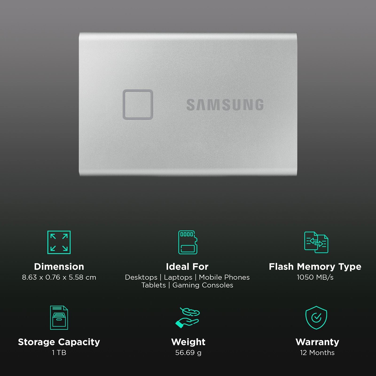SAMSUNG T7 Touch 1 TB USB 3.2 Solid State Drive (Fingerprint Security, MU-PC1T0S/WW, Silver)_3