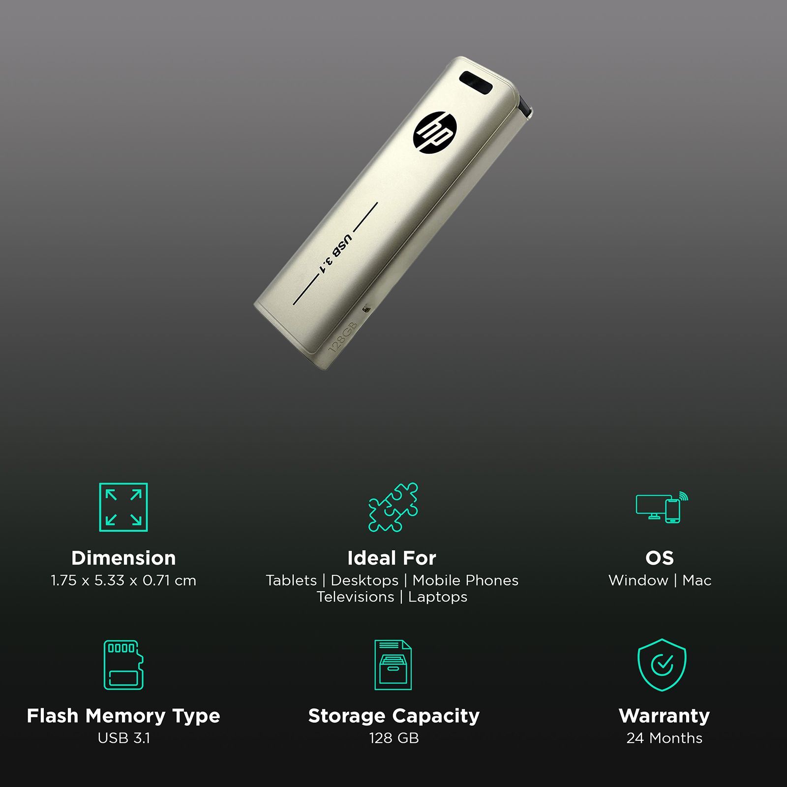 HP x796w 128GB USB 3.1 Flash Drive (Push-Pull Design, MM-USB128GB-33P, Golden)_3