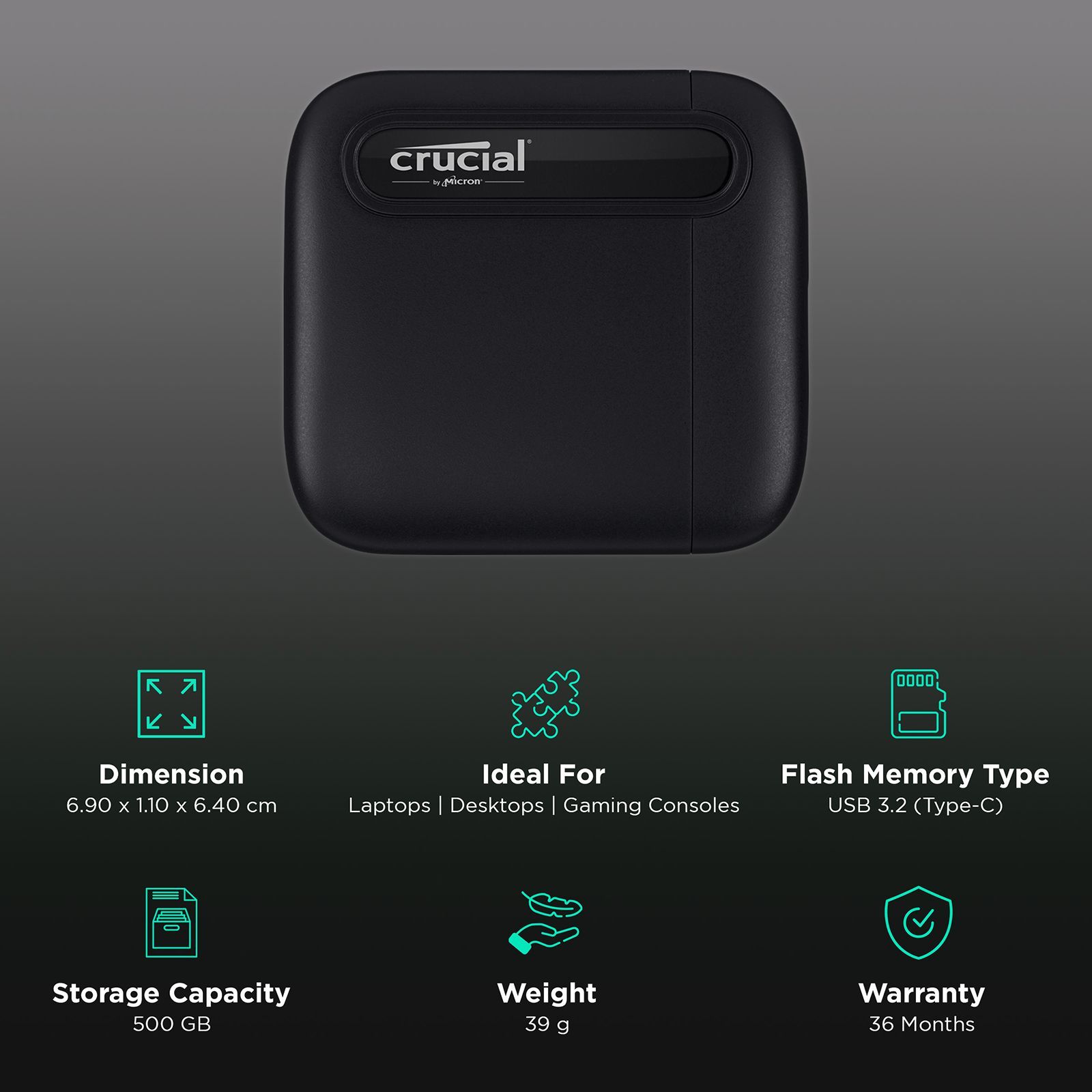 Crucial X6 500GB USB 3.2 (Type-C) Solid State Drive (Shock & Vibration Proof, CT500X6SSD9, Black)_3