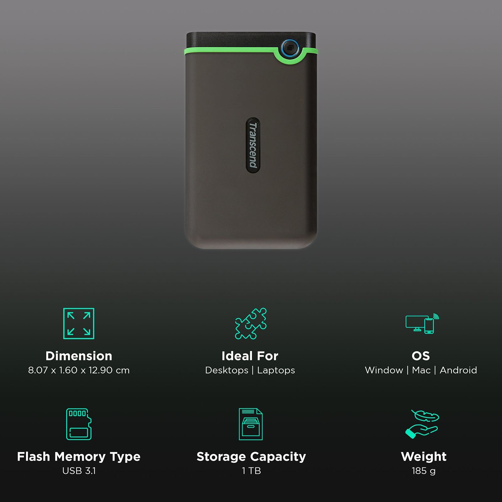 Transcend StoreJet 25M3 1 TB USB 3.1 Gen 1 Hard Disk Drive (One Touch Auto Backup, TS1TSJ25M3S, Iron Grey)_3