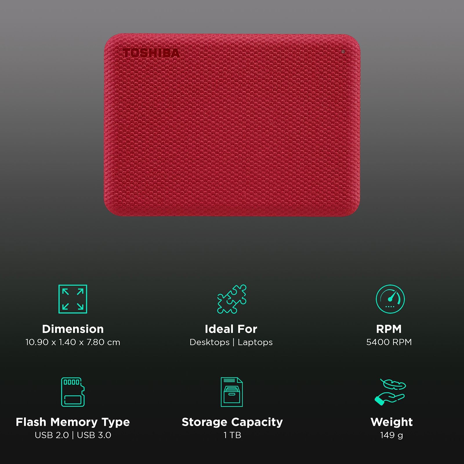 TOSHIBA Canvio Advance 1TB USB 3.0/USB 2.0 Hard Disk Drive (Auto-Backup Software, HDTCA10AR3AA, Red)_3