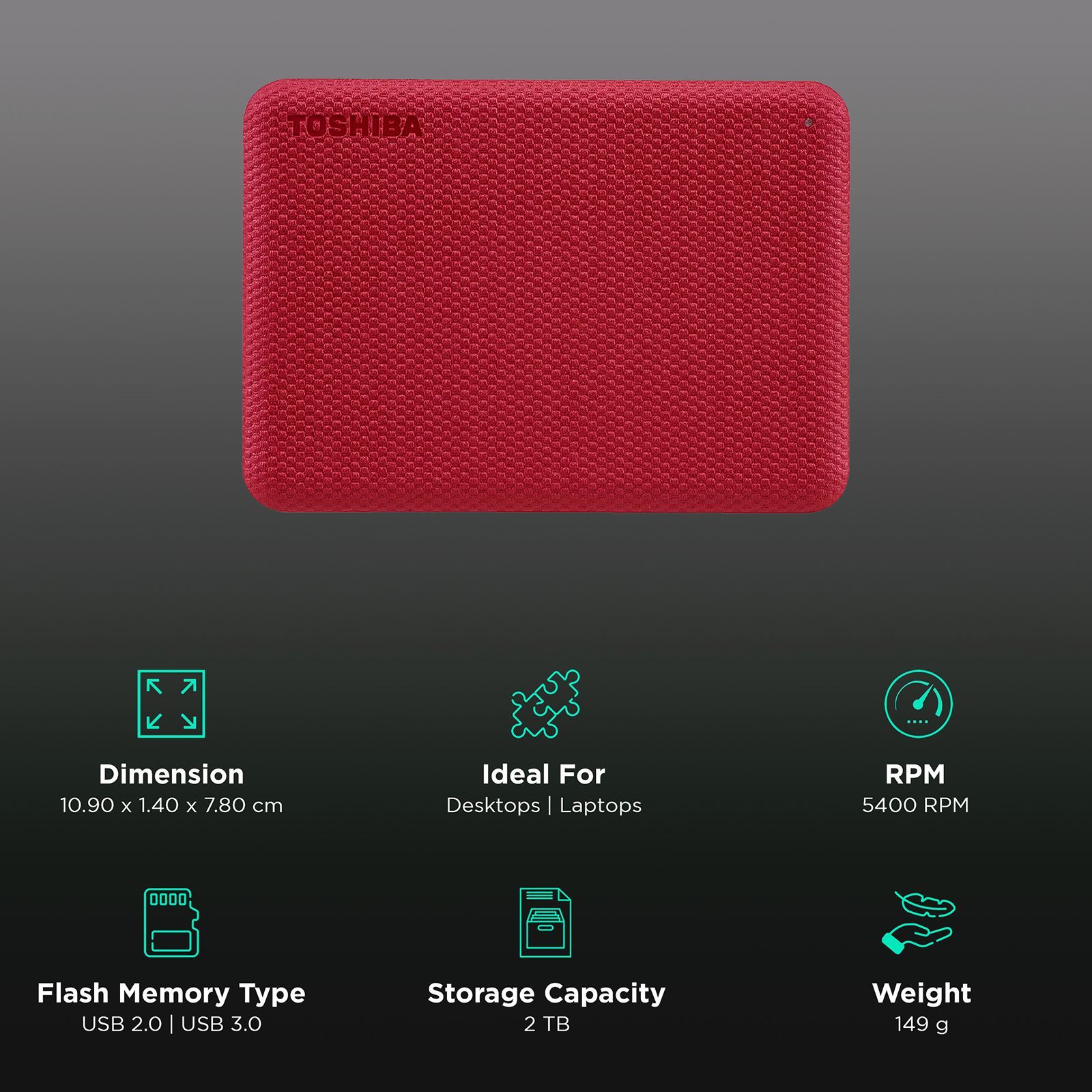 TOSHIBA Canvio Advance 2TB USB Type-A (3.0) Portable Hard Disk Drive (Auto-Backup Software, Red)_3