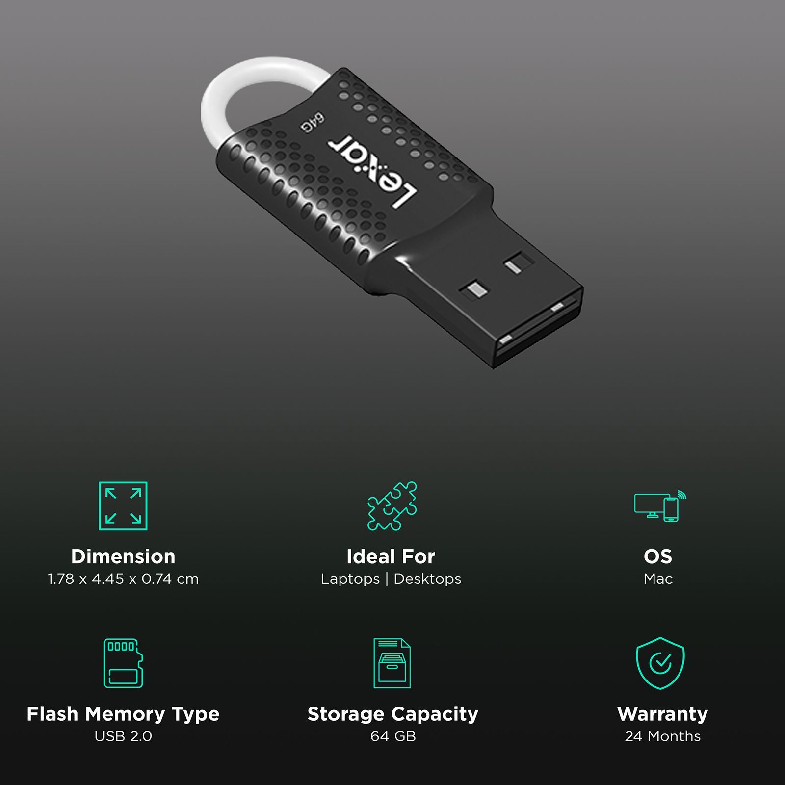 Lexar JumpDrive V40 64GB USB 2.0 Flash Drive (With Key Chain Hole, LJDV40-64GAB, Black)_3