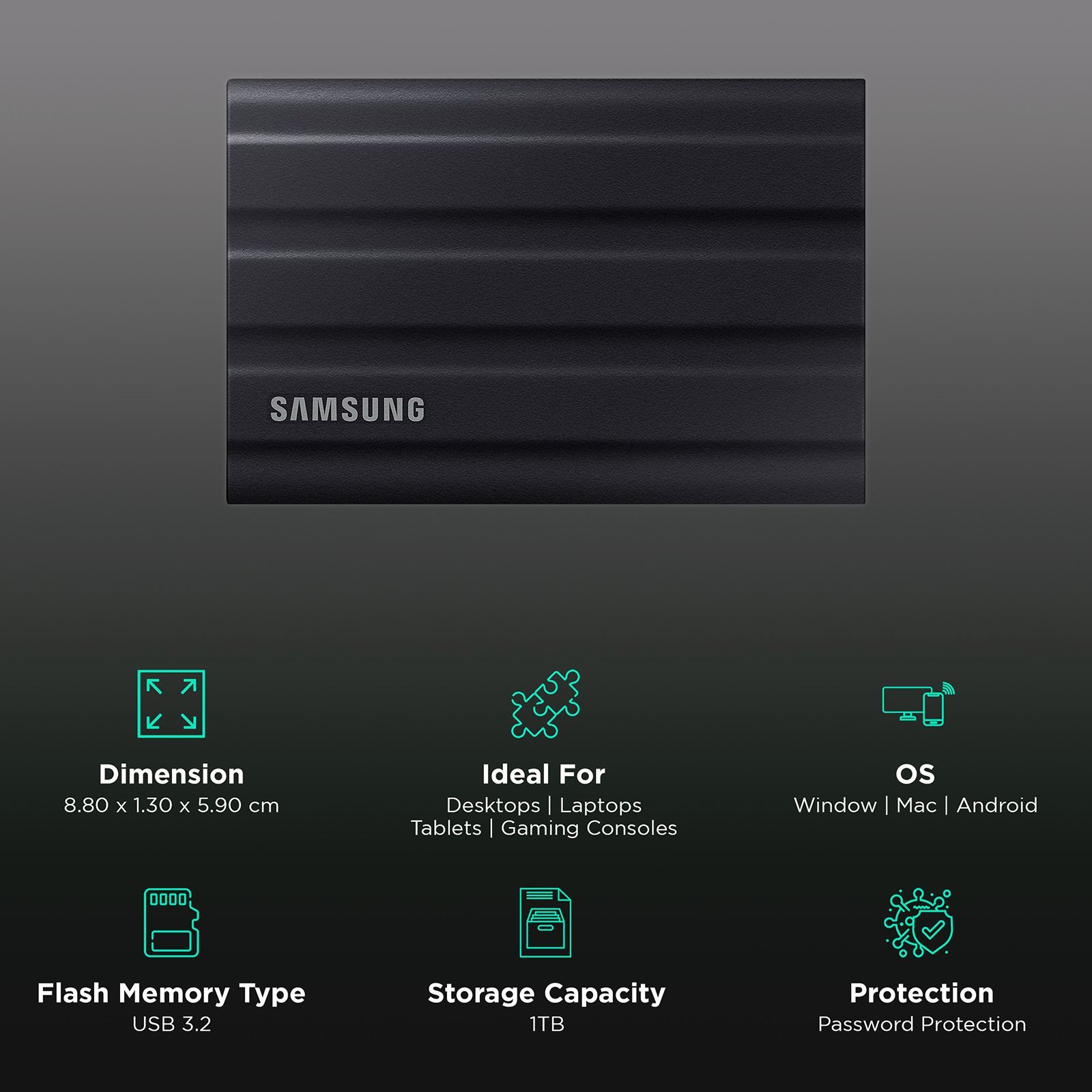 SAMSUNG T7 1TB USB Type-C (3.2) Portable Solid State Drive (IP65 Water and Dust Resistance, Black) SAMSUNG T7 1TB USB Type-C (3.2) Portable Solid State Drive (IP65 Water and Dust Resistance, Black)_3