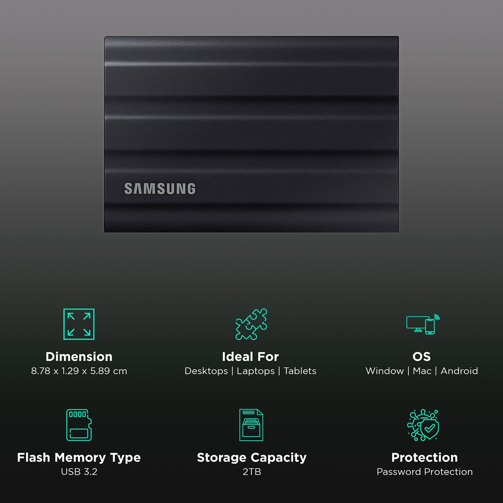 SAMSUNG T7 2TB USB Type-C (3.2) Portable Solid State Drive (IP65 Water and Dust Resistance, Black) SAMSUNG T7 2TB USB Type-C (3.2) Portable Solid State Drive (IP65 Water and Dust Resistance, Black)_3