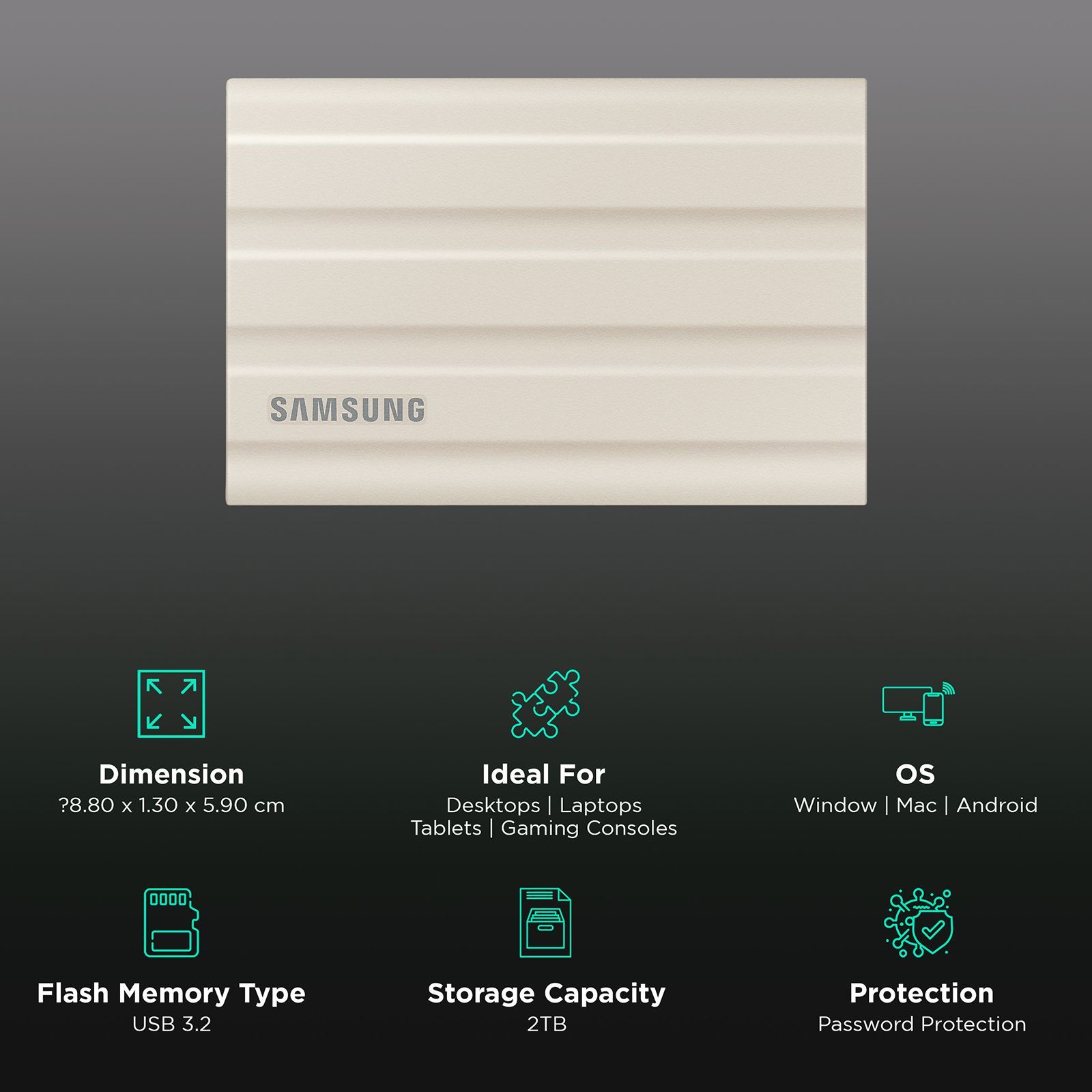 SAMSUNG T7 2TB USB Type-C (3.2) Portable Solid State Drive (IP65 Water and Dust Resistance, Beige) SAMSUNG T7 2TB USB Type-C (3.2) Portable Solid State Drive (IP65 Water and Dust Resistance, Beige)_3