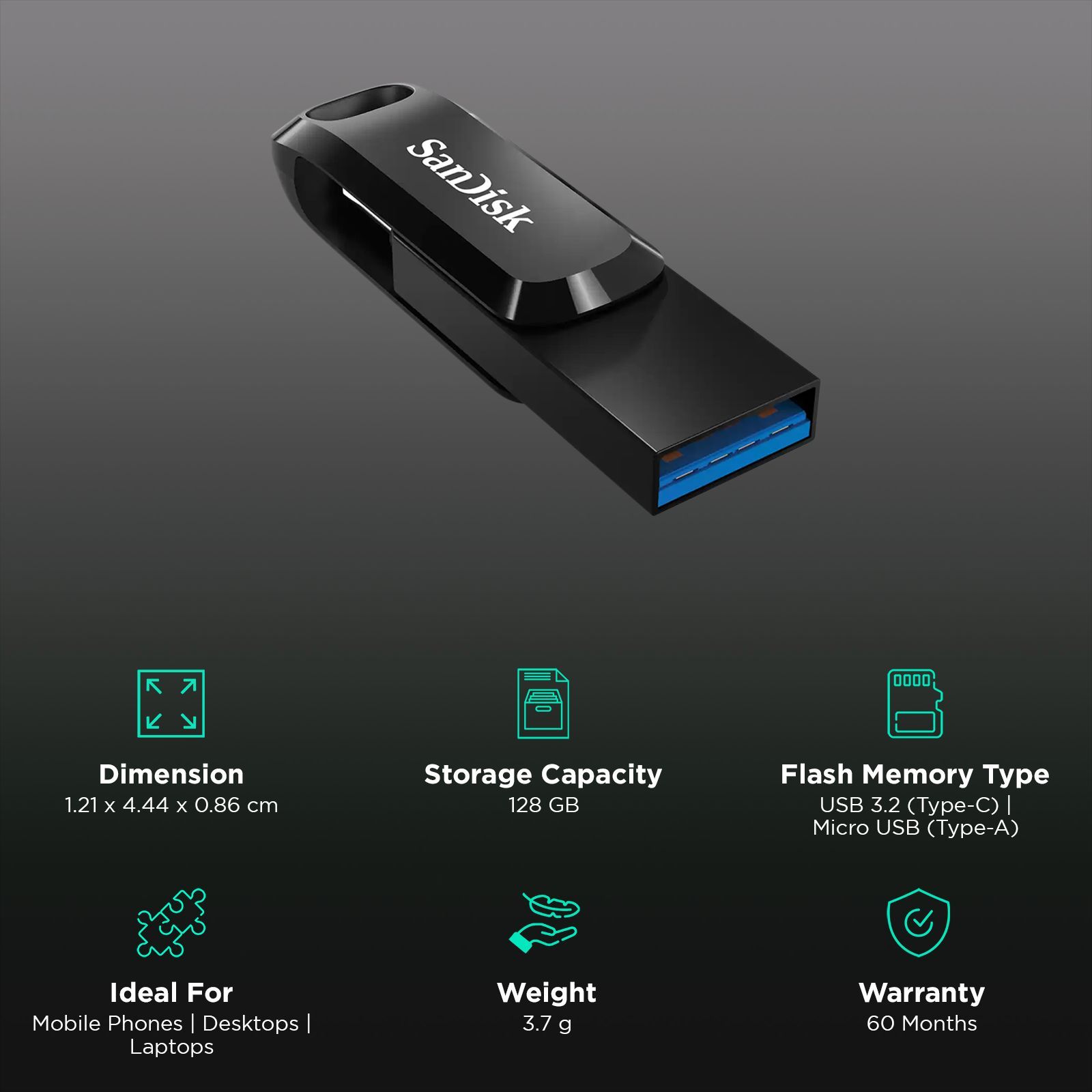 SanDisk Ultra Dual Drive Go 128GB USB Type A (3.2), USB Type C (3.2) OTG Pen Drive (Swivel Design to Protect Connectors, Black)_3