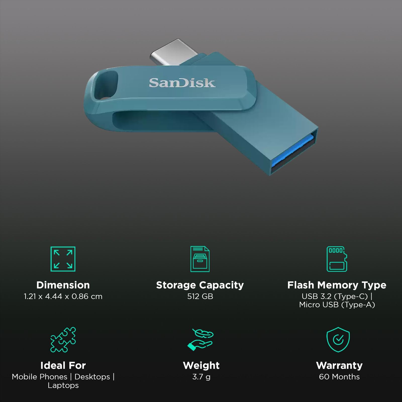SanDisk Ultra Dual Drive Go 512GB USB Type A (3.2), USB Type C (3.2) OTG Pen Drive (Swivel Design to Protect Connectors, Navagio Bay)_3