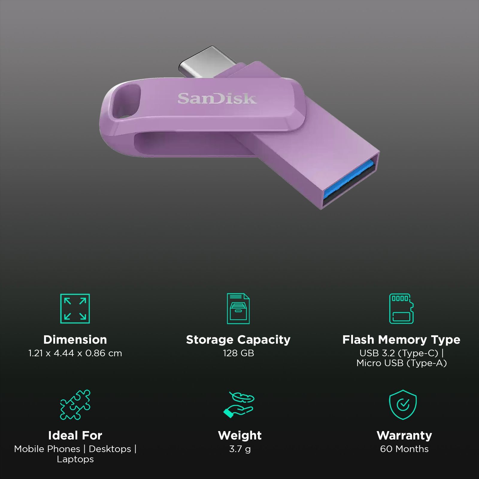 SanDisk Ultra Dual Drive Go 128GB USB Type A (3.2), USB Type C (3.2) OTG Pen Drive (Automatic Backup Is Just A Plug-In Away, Lavender)_3