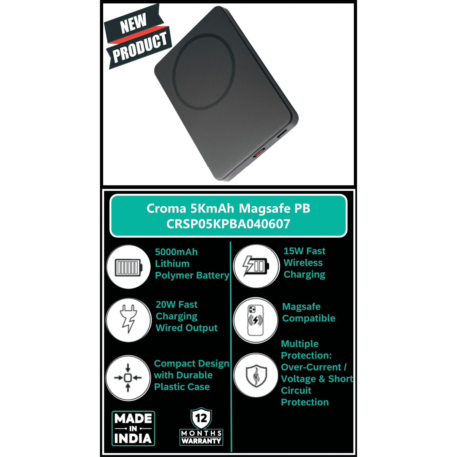 Croma 5000 mAh 20W Fast Charging Power Bank (1 Type C Port, Durable Plastic Case, Magsafe Compatible, Black)_7