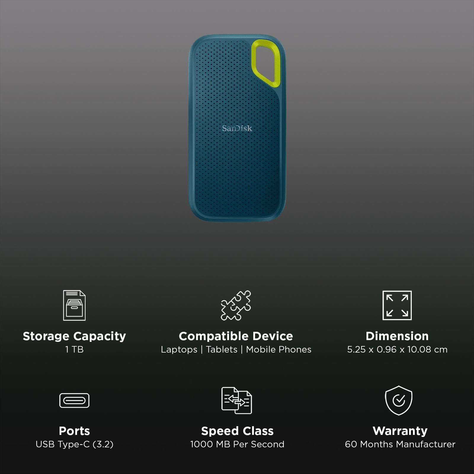 SanDisk Extreme 1 TB USB Type-C (3.2) Portable Solid State Drive (Drop Protection, Monterey)_3