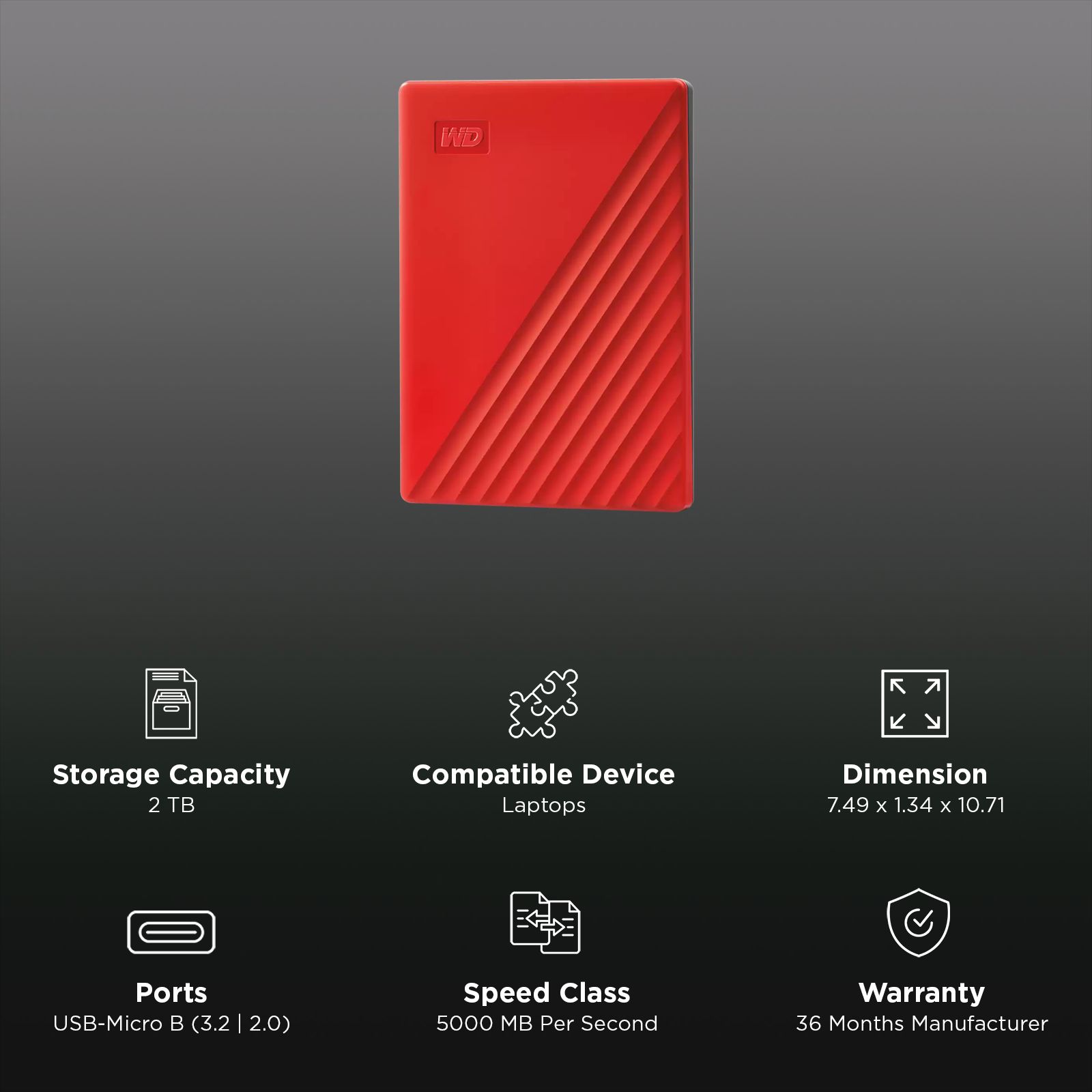 Western Digital My Passport 2TB USB (3.2) Portable Hard Disk Drive (Automatic Backup, Red)_2