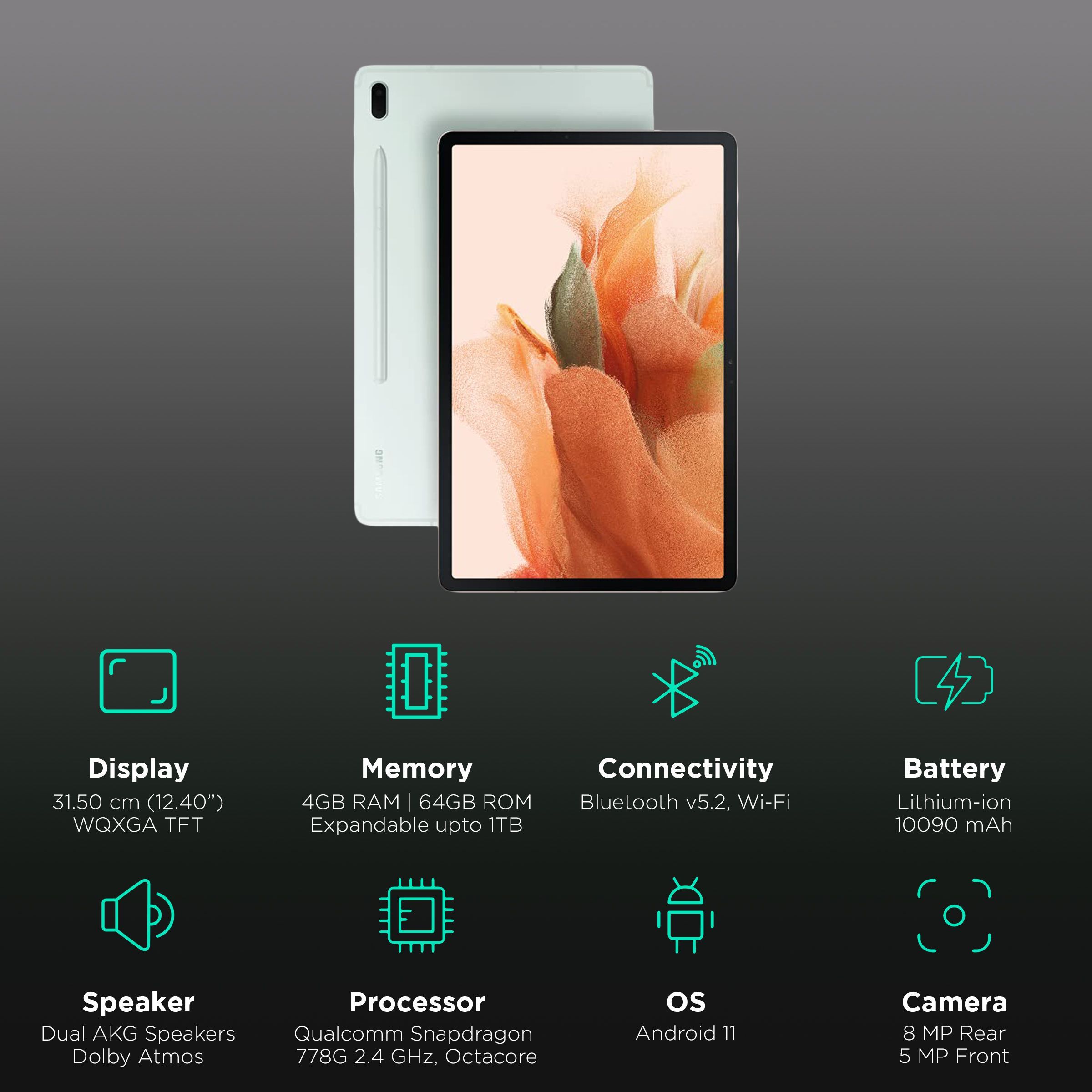 SAMSUNG Galaxy Tab S7 FE Wi-Fi Android Tablet (12.4 Inch, 4GB RAM, 64GB ROM, Mystic Green)_3
