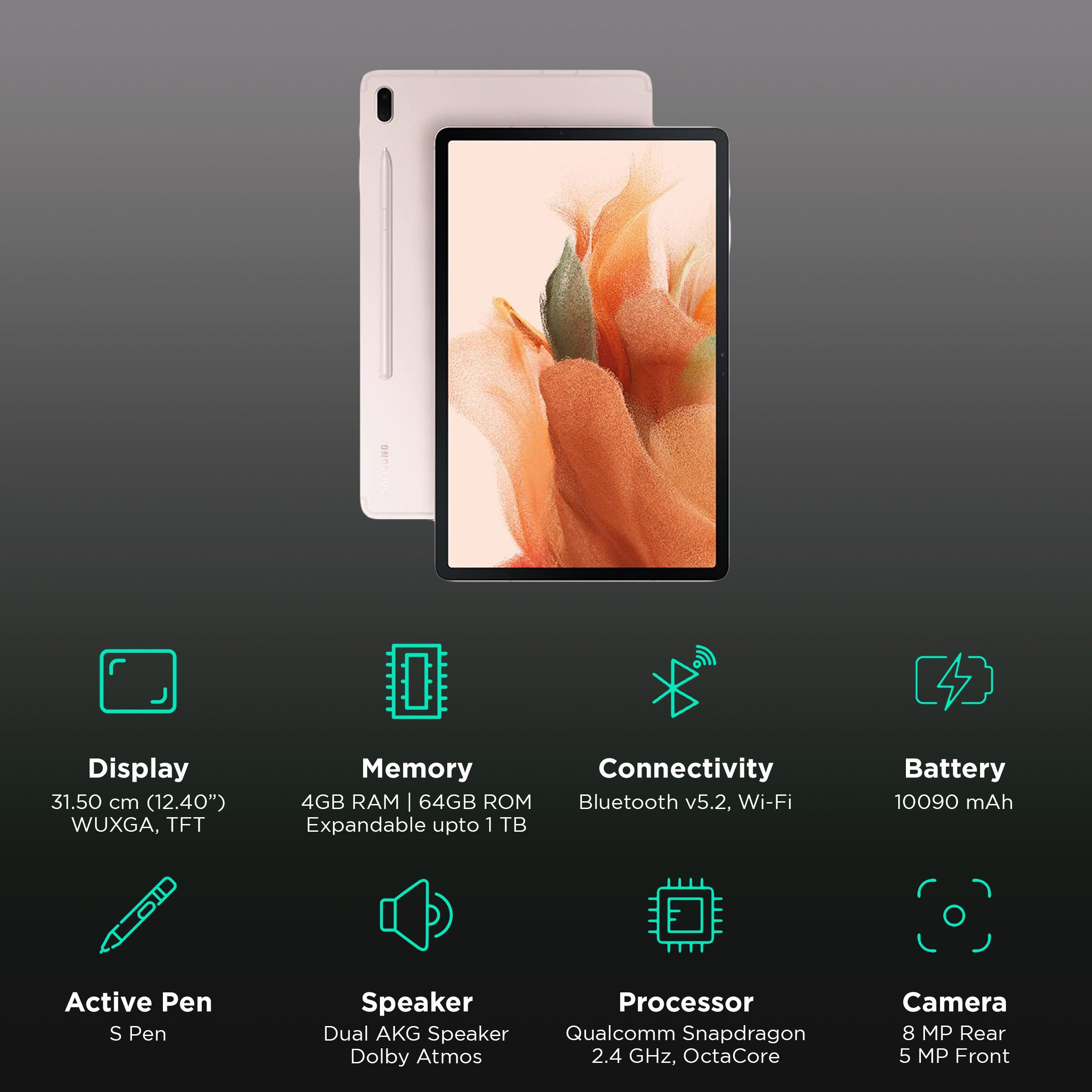 SAMSUNG Galaxy Tab S7 FE Wi-Fi Android Tablet (12.4 Inch, 4GB RAM, 64GB ROM, Mystic Pink)_3