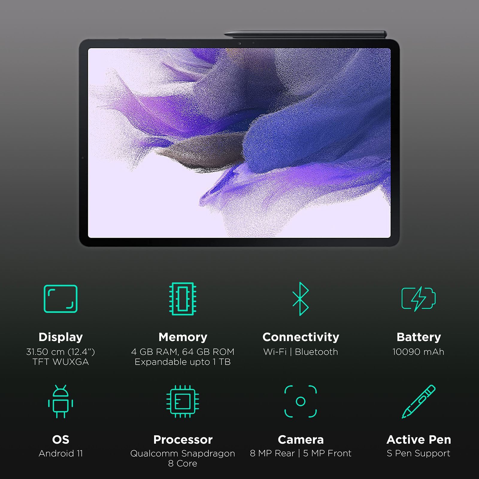 SAMSUNG Galaxy Tab S7 FE Wi-Fi Android Tablet (12.4 Inch, 4GB RAM, 64GB ROM, Mystic Black)_3