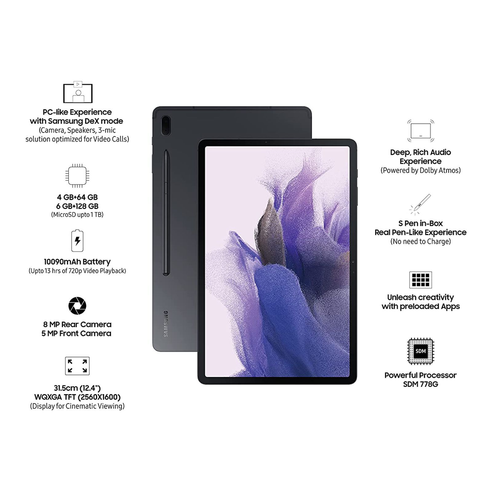 SAMSUNG Galaxy Tab S7 FE Wi-Fi Android Tablet (12.4 Inch, 4GB RAM, 64GB ROM, Mystic Black)_6