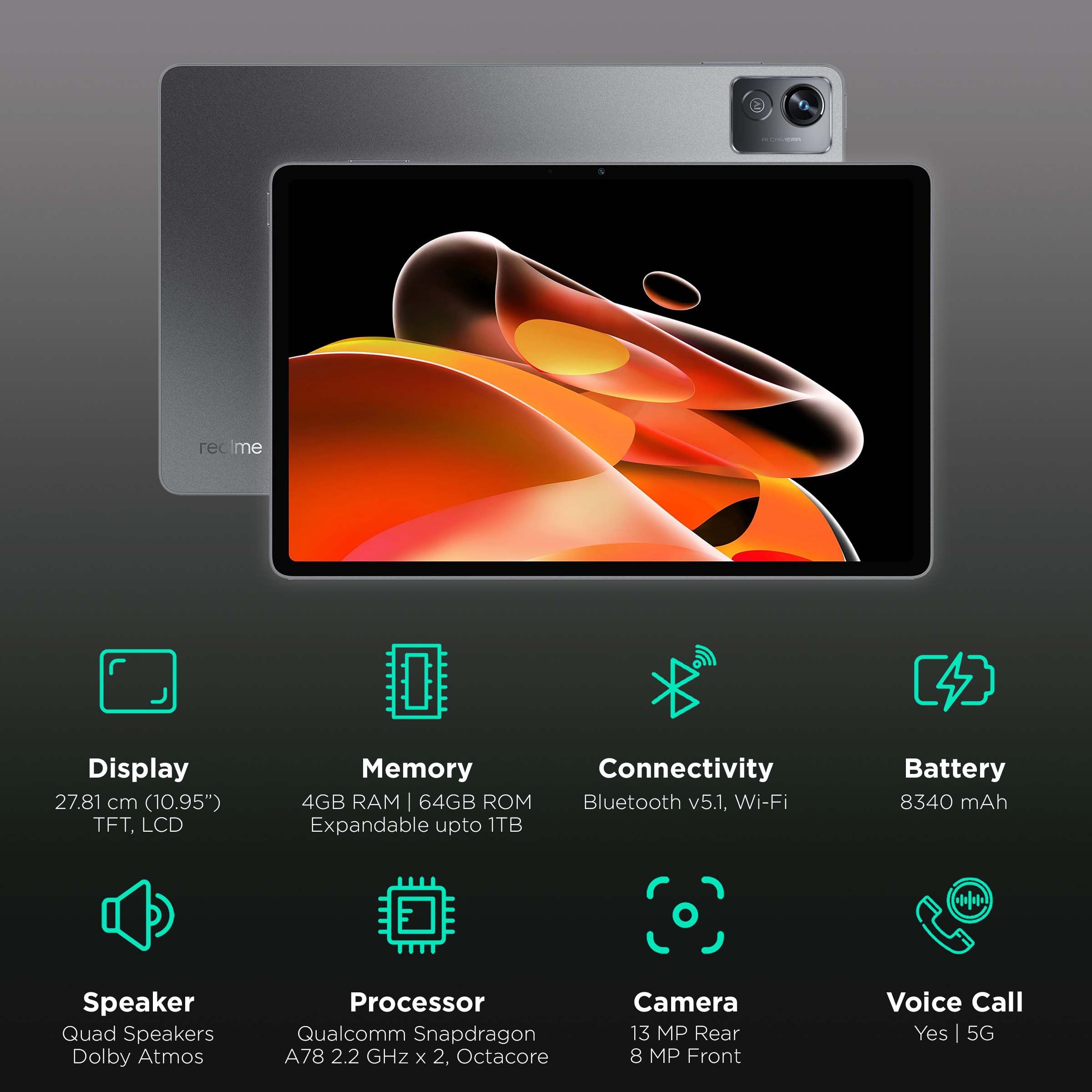 realme PAD X Wi-Fi+5G Android Tablet (10.95 Inch, 4GB RAM, 64GB ROM, Glowing Grey)_3