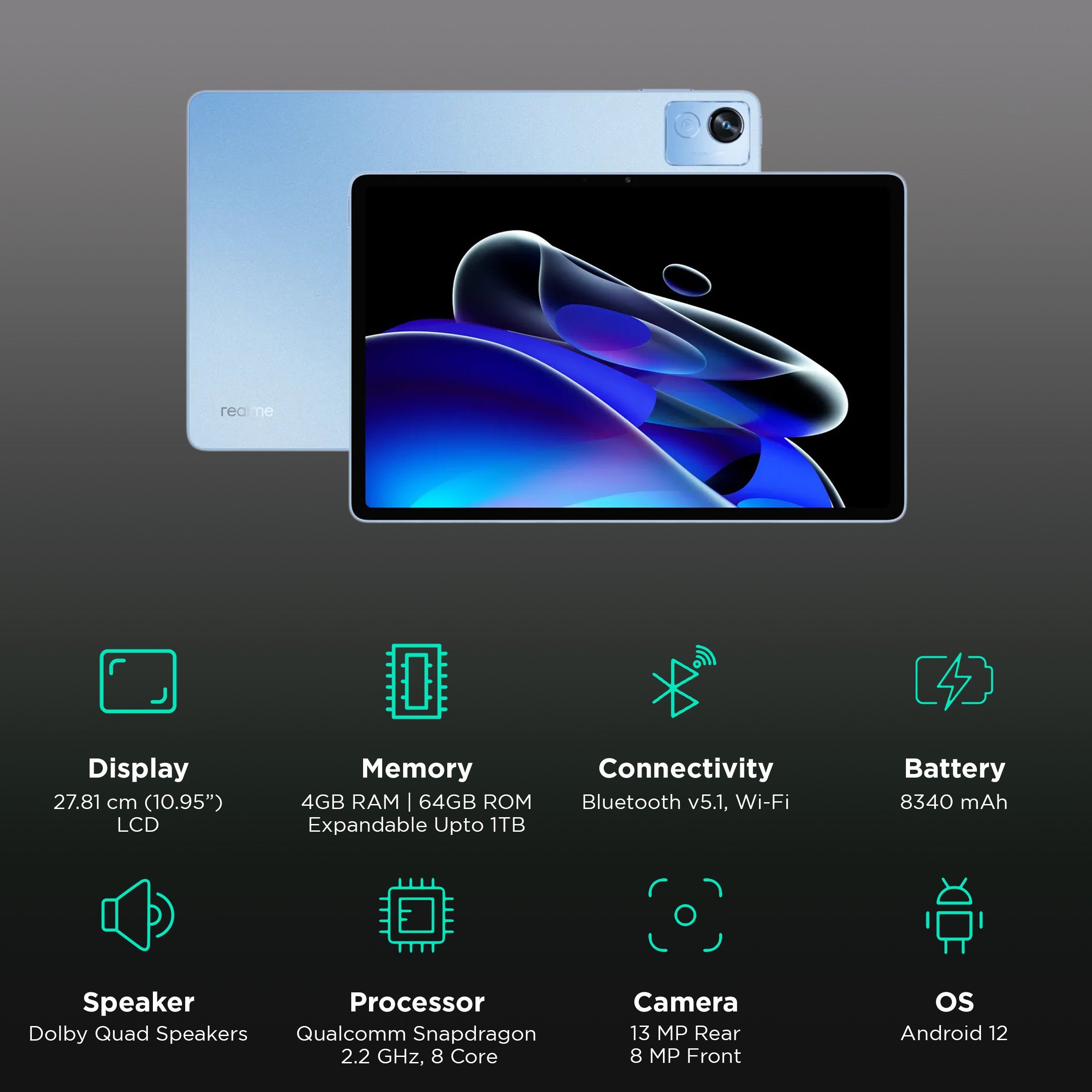 realme PAD X Wi-Fi+5G Android Tablet (10.95 Inch, 4GB RAM, 64GB ROM, Glacier Blue)_3
