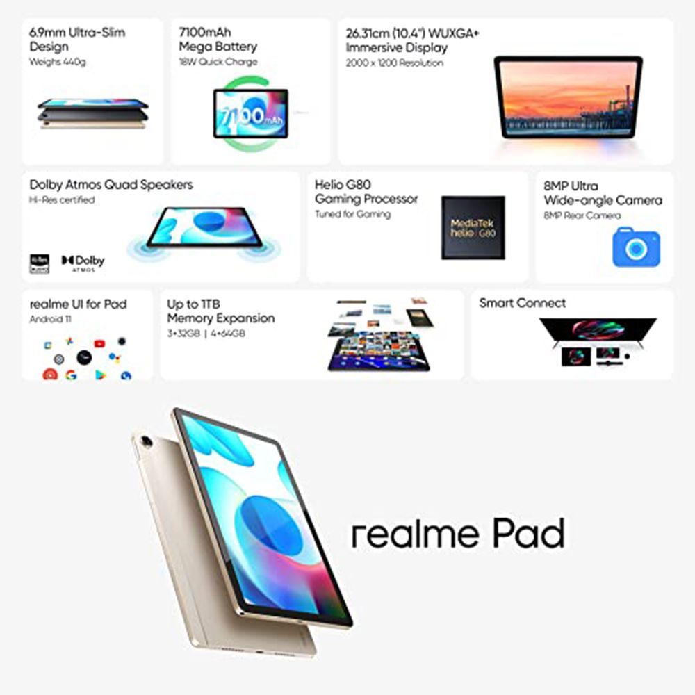 realme Pad Wi-Fi+4G Android Tablet (10.4 Inch, 6GB RAM, 128GB ROM, Gold)_5