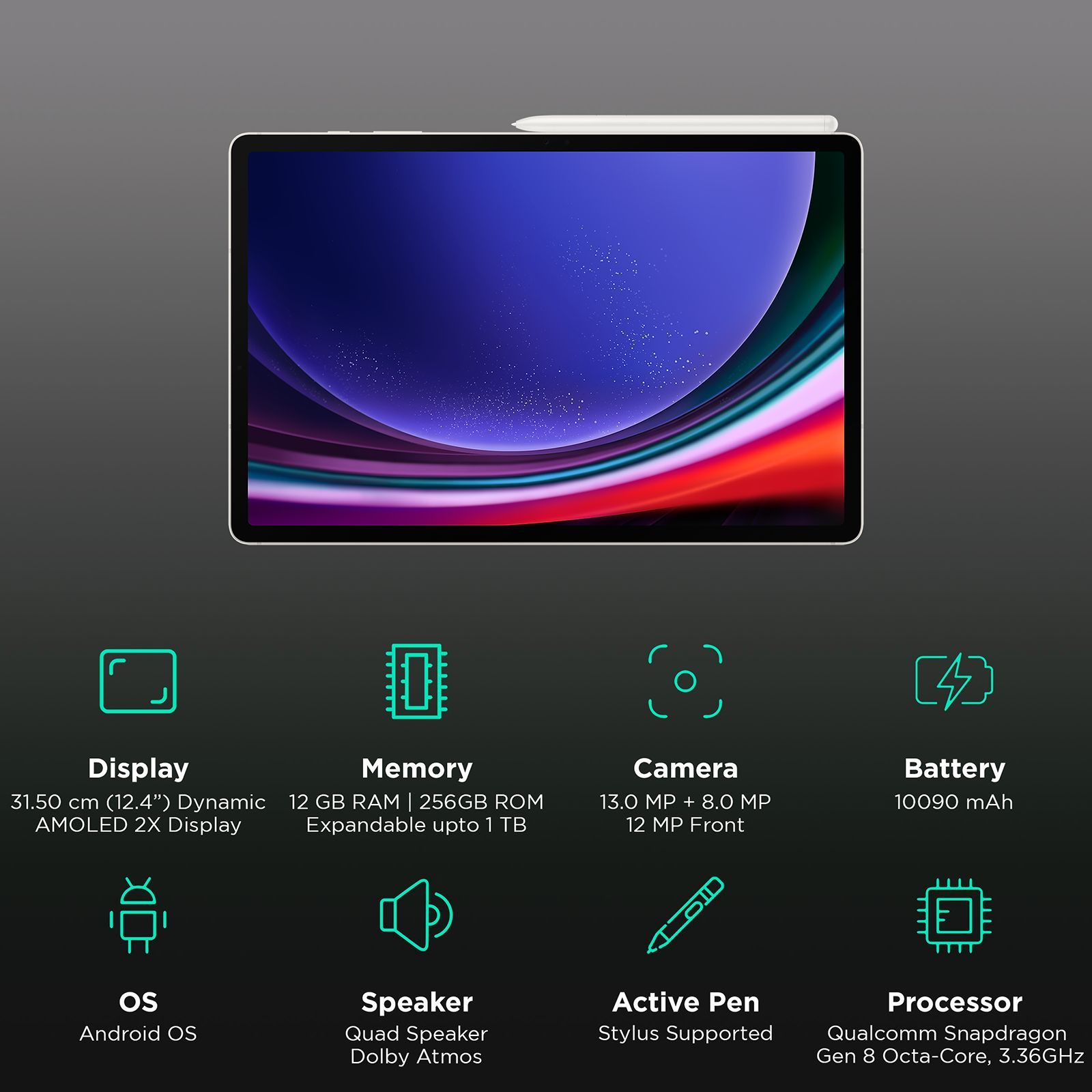 SAMSUNG Galaxy Tab S9 Plus Wi-Fi Android Tablet with Stylus (12.4 Inch, 12GB RAM, 256GB ROM, Beige)_3