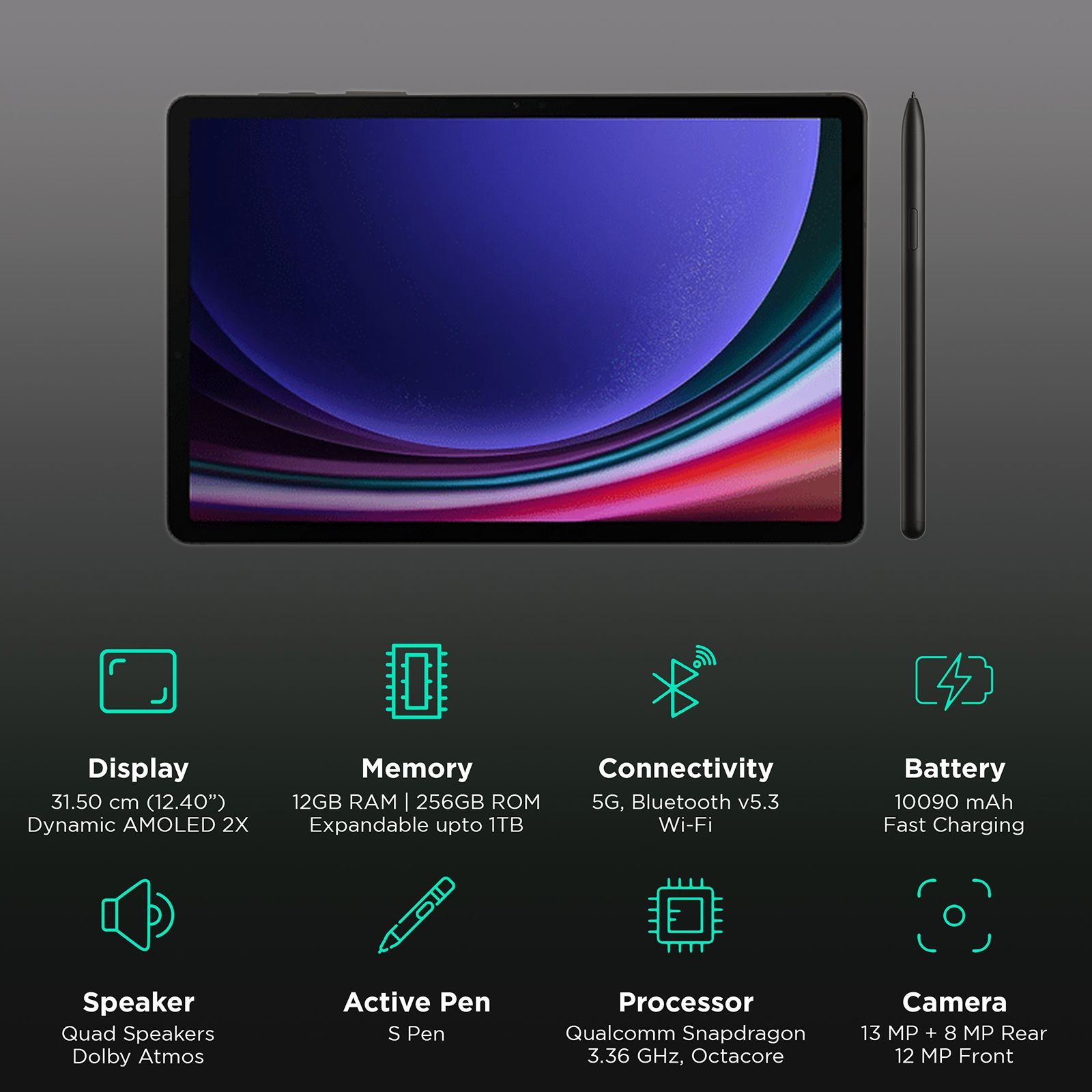 SAMSUNG Galaxy Tab S9+ Wi-Fi+5G Android Tablet with Stylus (12.4 Inch, 12GB RAM, 256GB ROM, Graphite)_3
