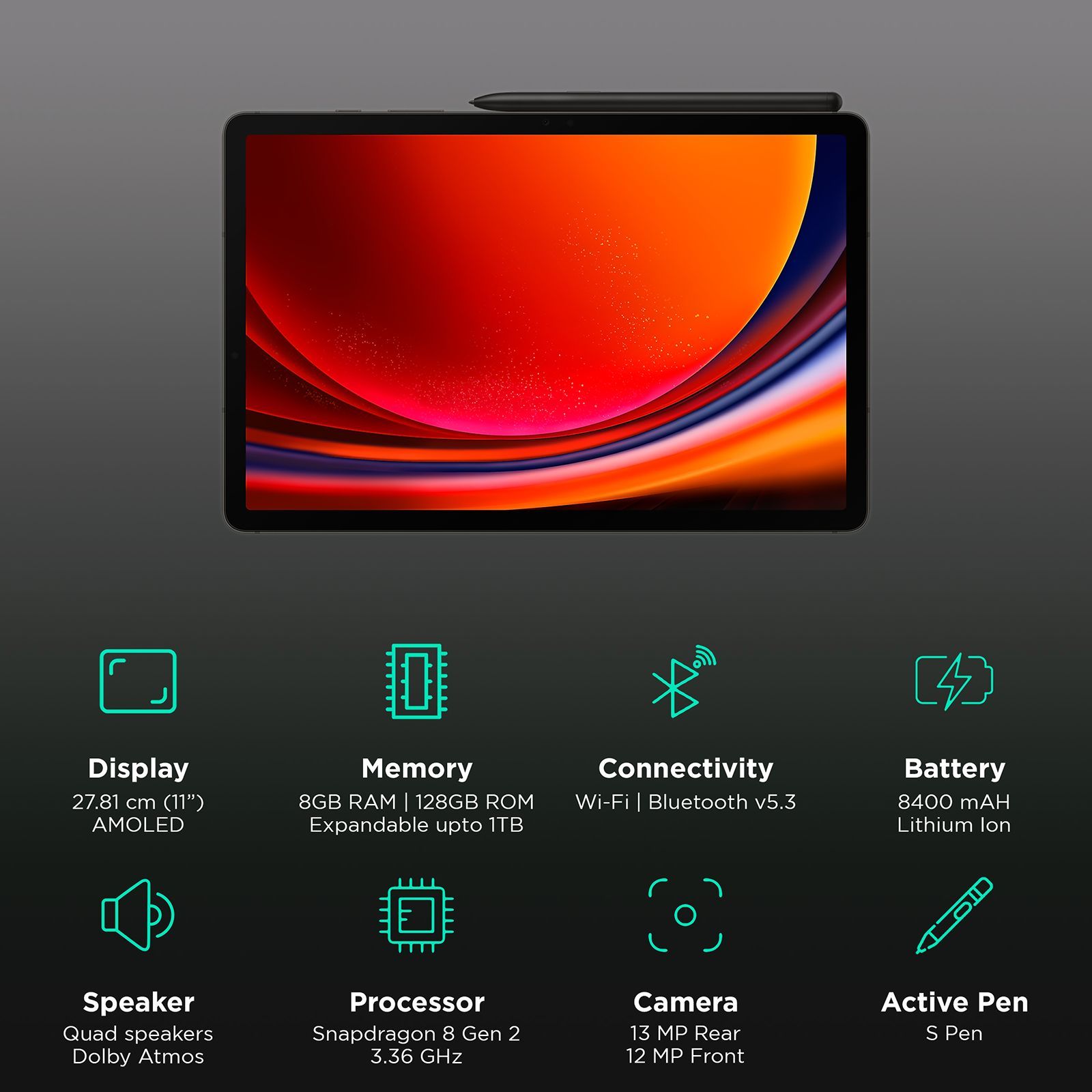 SAMSUNG Galaxy Tab S9 Wi-Fi Android Tablet with Stylus (11 Inch, 8GB RAM, 128GB ROM, Graphite)_3