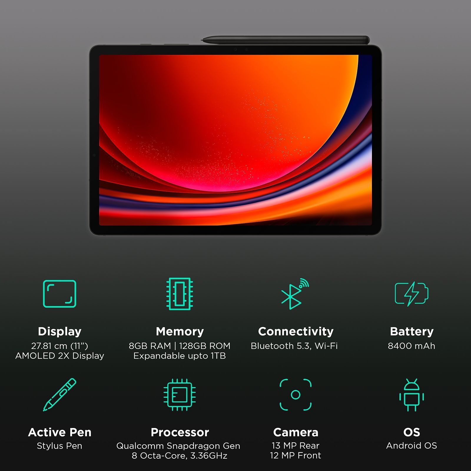 SAMSUNG Galaxy Tab S9 Wi-Fi+5G Android Tablet with Stylus (11 Inch, 8GB RAM, 128GB ROM, Graphite)_3