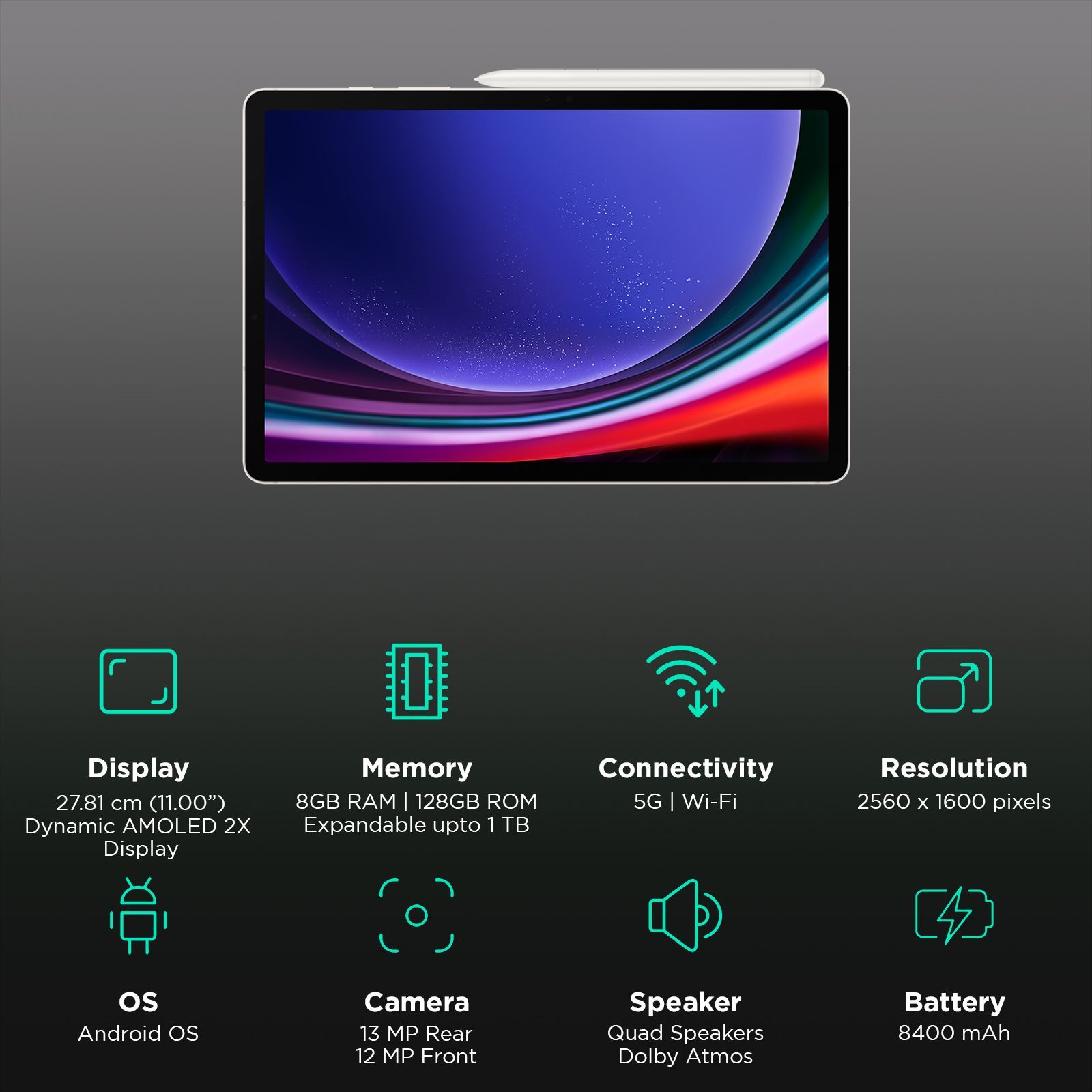 SAMSUNG Galaxy Tab S9 Wi-Fi+5G Android Tablet with Stylus (11 Inch, 8GB RAM, 128GB ROM, Beige)_3