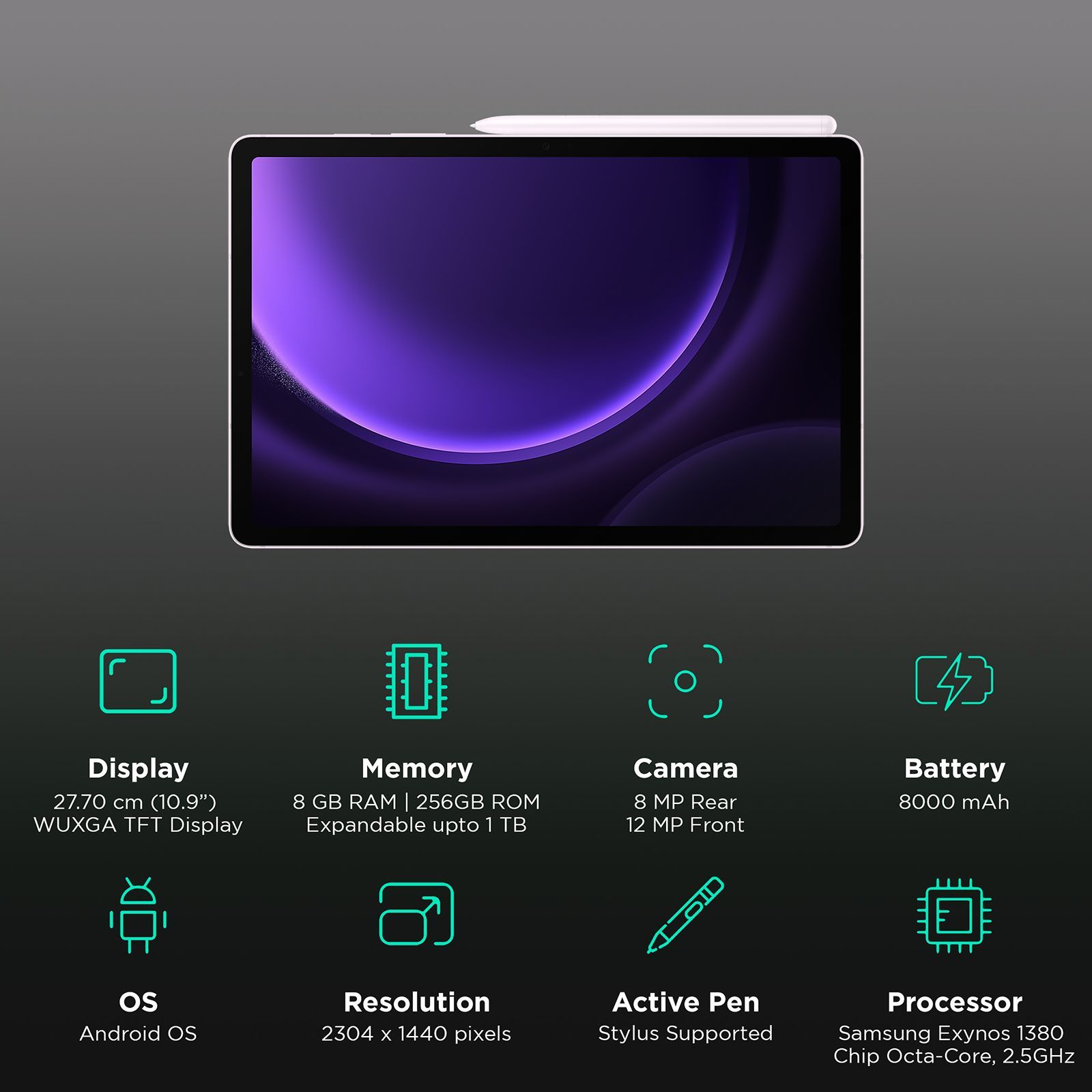 SAMSUNG Galaxy Tab S9 FE Wi-Fi Android Tablet (10.9 Inch, 8GB RAM, 256GB ROM, Lavender)_3