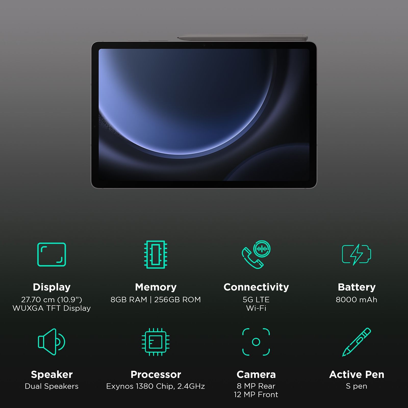 SAMSUNG Galaxy Tab S9 FE Wi-Fi+5G Android Tablet (10.9 Inch, 8GB RAM, 256GB ROM, Gray)_3