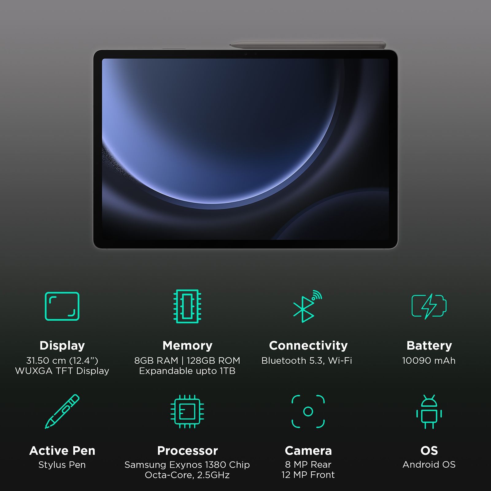 SAMSUNG Galaxy Tab S9 FE Plus Wi-Fi Android Tablet (12.4 Inch, 8GB RAM, 128GB ROM, Gray)_3