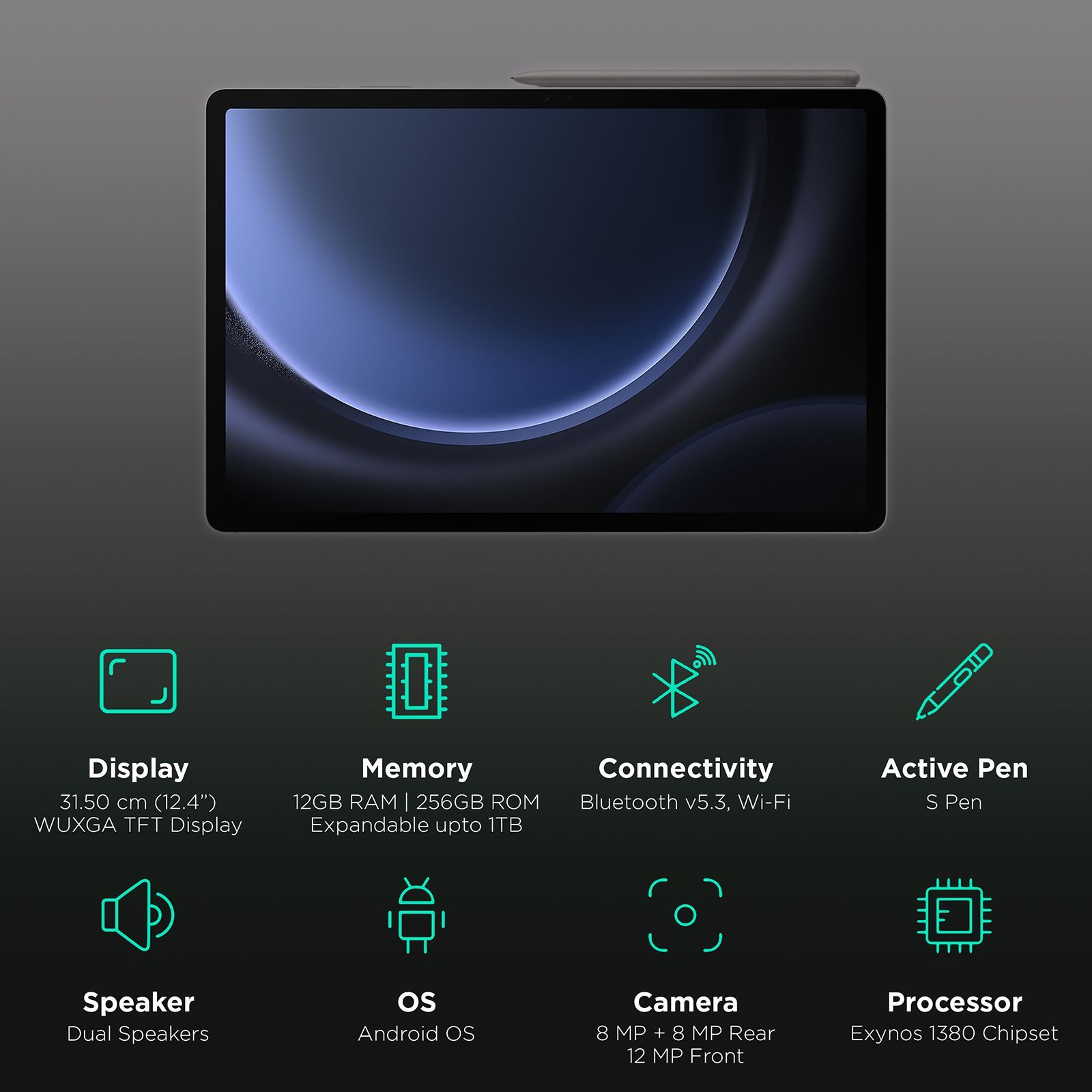 SAMSUNG Galaxy Tab S9 FE Plus Wi-Fi Android Tablet (12.4 Inch, 12GB RAM, 256GB ROM, Gray)_3