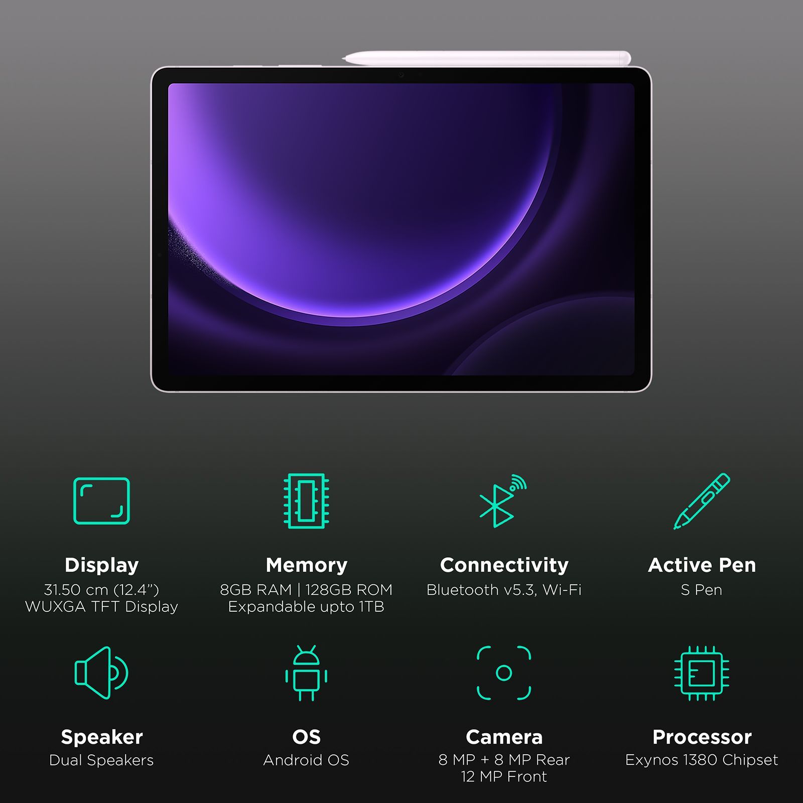 SAMSUNG Galaxy Tab S9 FE Plus Wi-Fi Android Tablet (12.4 Inch, 8GB RAM, 128GB ROM, Lavender)_3