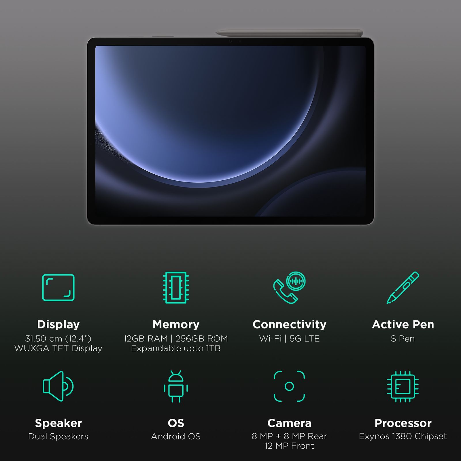 SAMSUNG Galaxy Tab S9 FE+ Wi-Fi+5G Android Tablet (12.4 Inch, 12GB RAM, 256GB ROM, Gray)_3