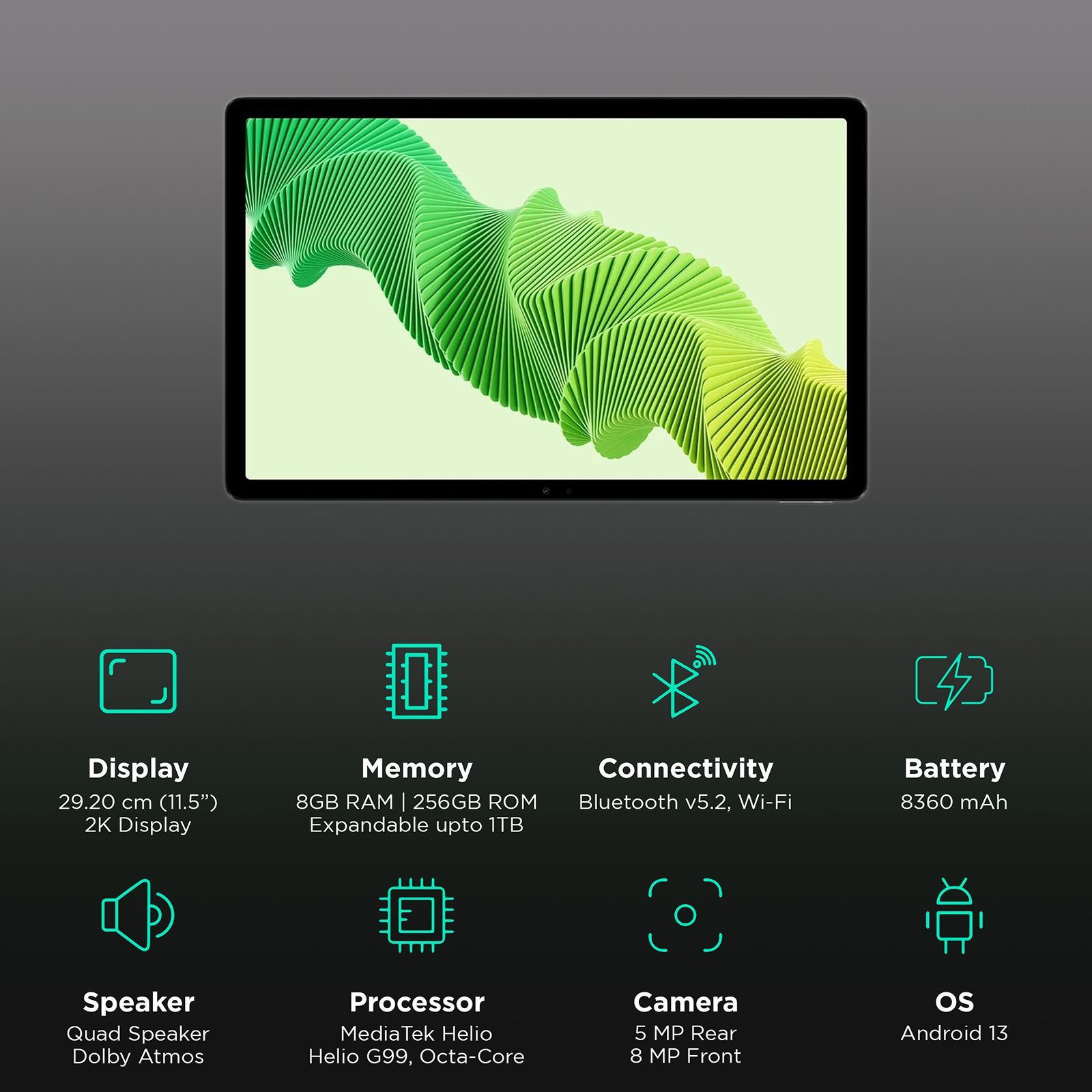 realme Pad 2 Wi-Fi+4G Android Tablet (11.5 Inch, 8GB RAM, 256GB ROM, Imagination Green) realme Pad 2 Wi-Fi+4G Android Tablet (11.5 Inch, 8GB RAM, 256GB ROM, Imagination Green)_3