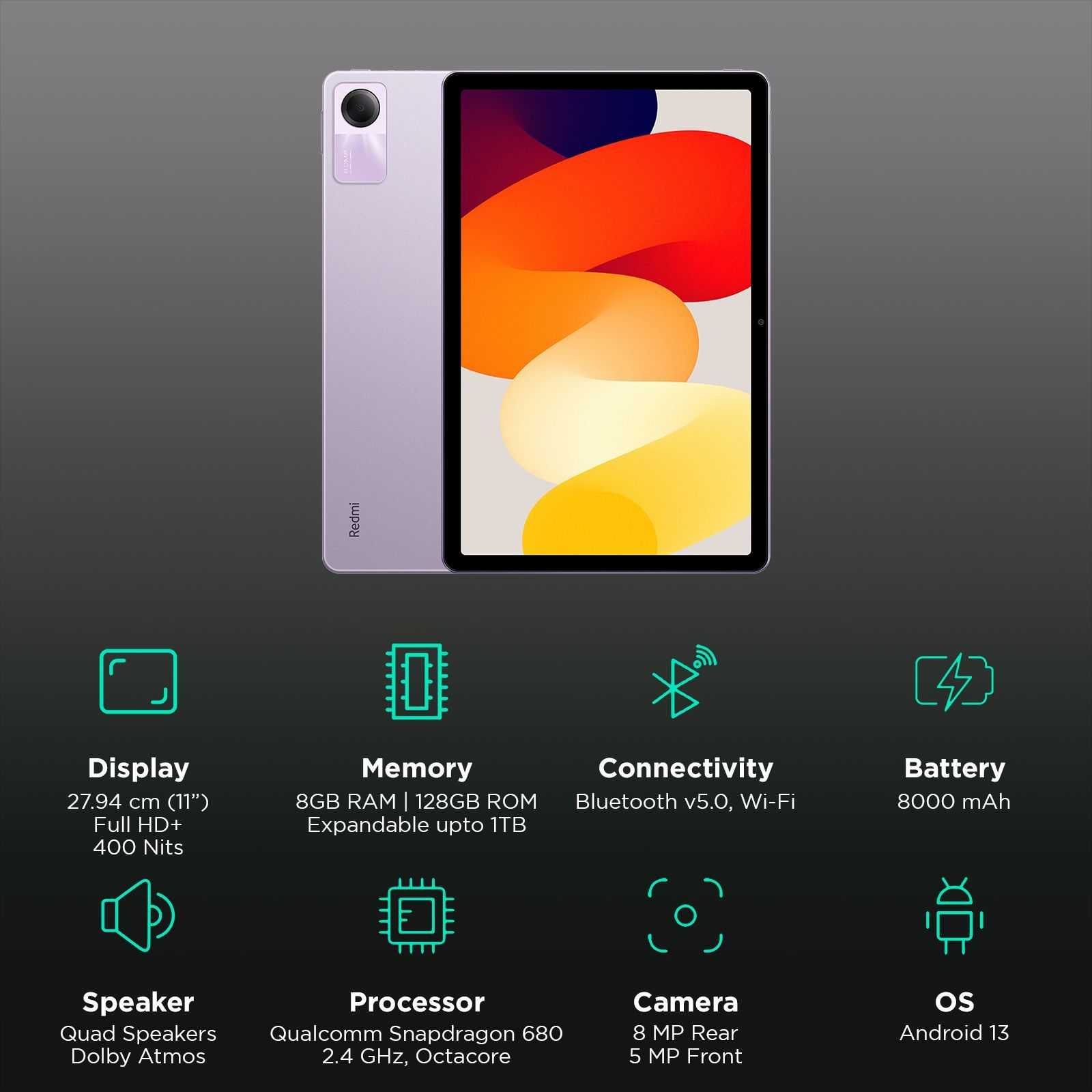 Redmi Pad SE Wi-Fi Android Tablet (11 Inch, 8GB RAM, 128GB ROM, Lavender Purple)_3