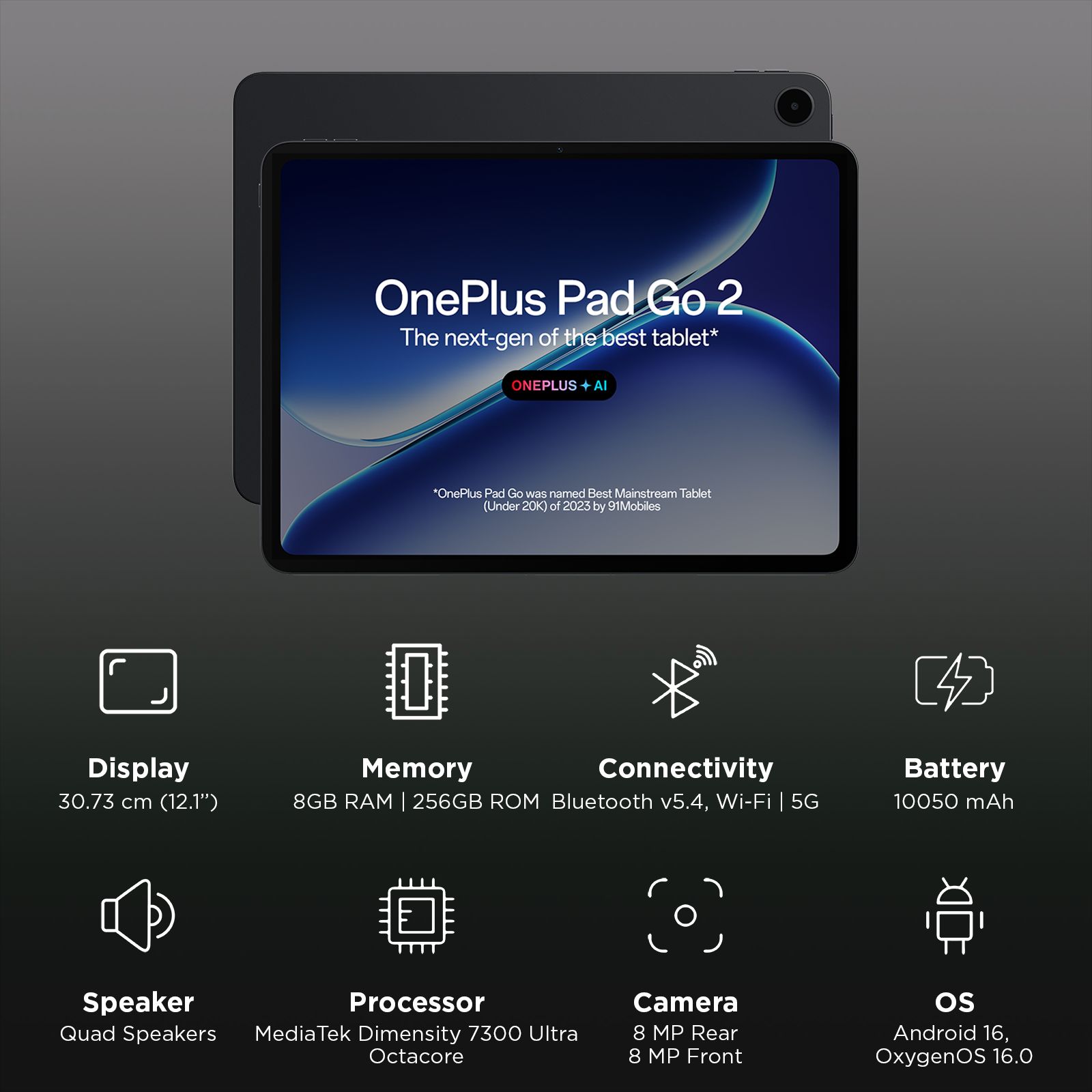 OnePlus Pad Go 2 Wi-Fi+5G Android Tablet (12.1 Inch, 8GB RAM, 256GB ROM, Shadow Black)_3