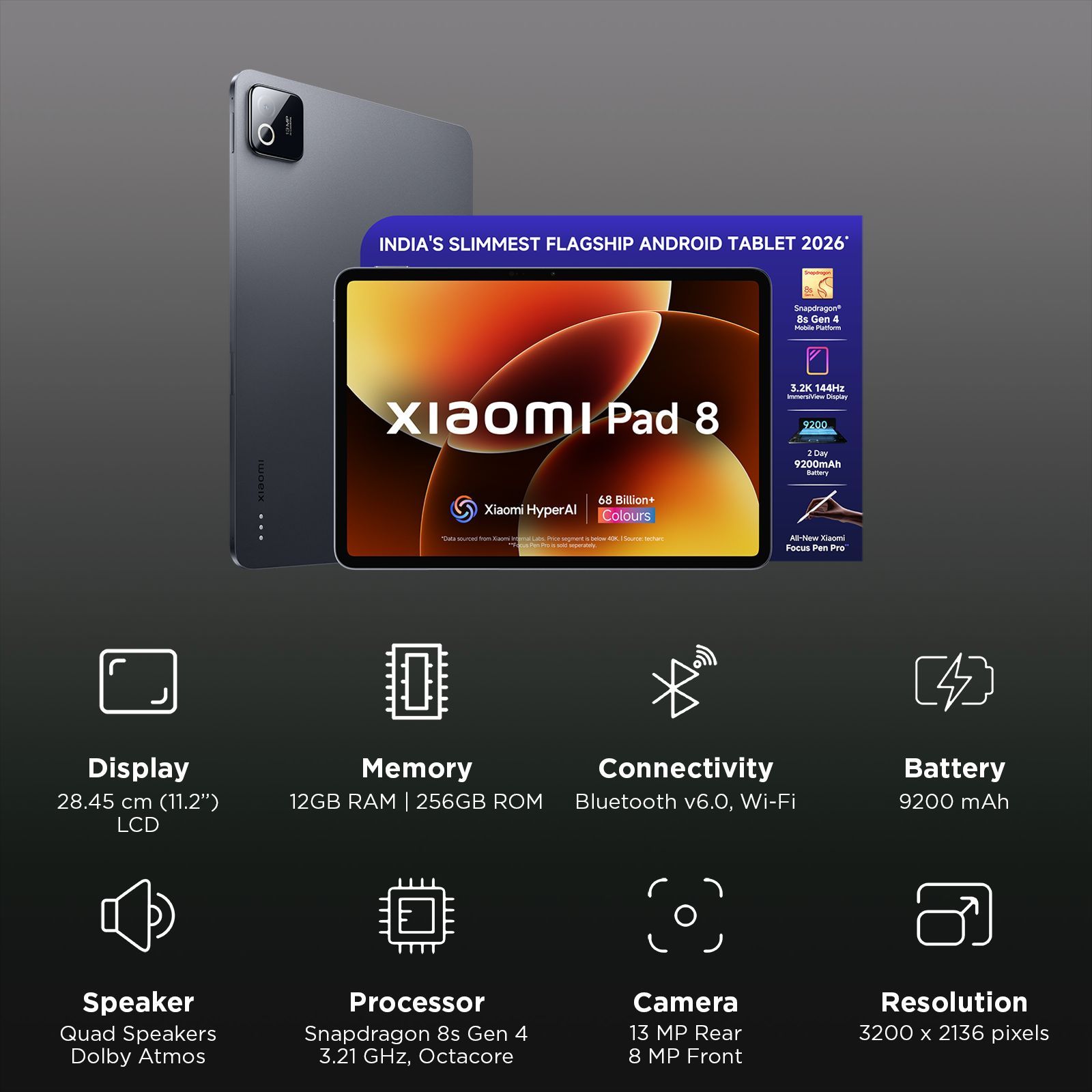 Xiaomi Pad 8 Wi-Fi Android Tablet with Xiaomi Focus Pen Pro (11.2 Inch, 12GB RAM, 256GB ROM, Graphite Grey)_3