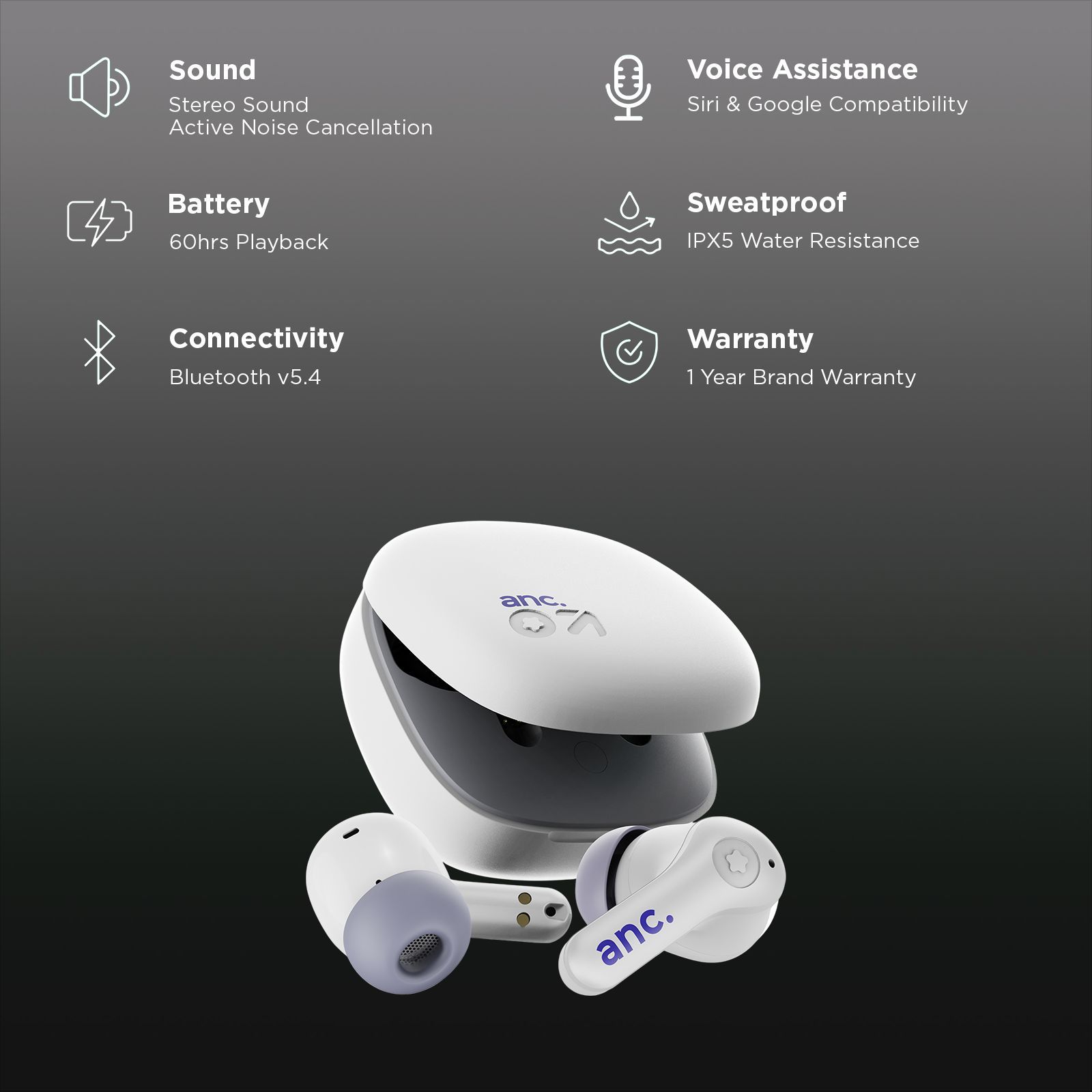 GOBOULT Klarity 4 FGTW245WHT TWS Earbuds with Active Noise Cancellation (IPX5 Water Resistant, Fast Charging, White)_2