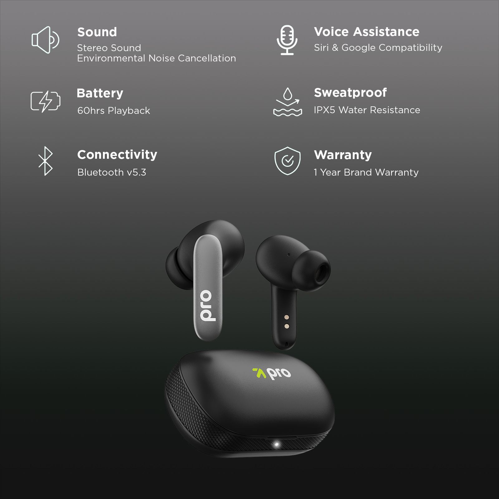 GOBOULT K60 TWS Earbuds with Environmental Noise Cancellation (IPX5 Water Resistant, Fast Charging, Black)_2